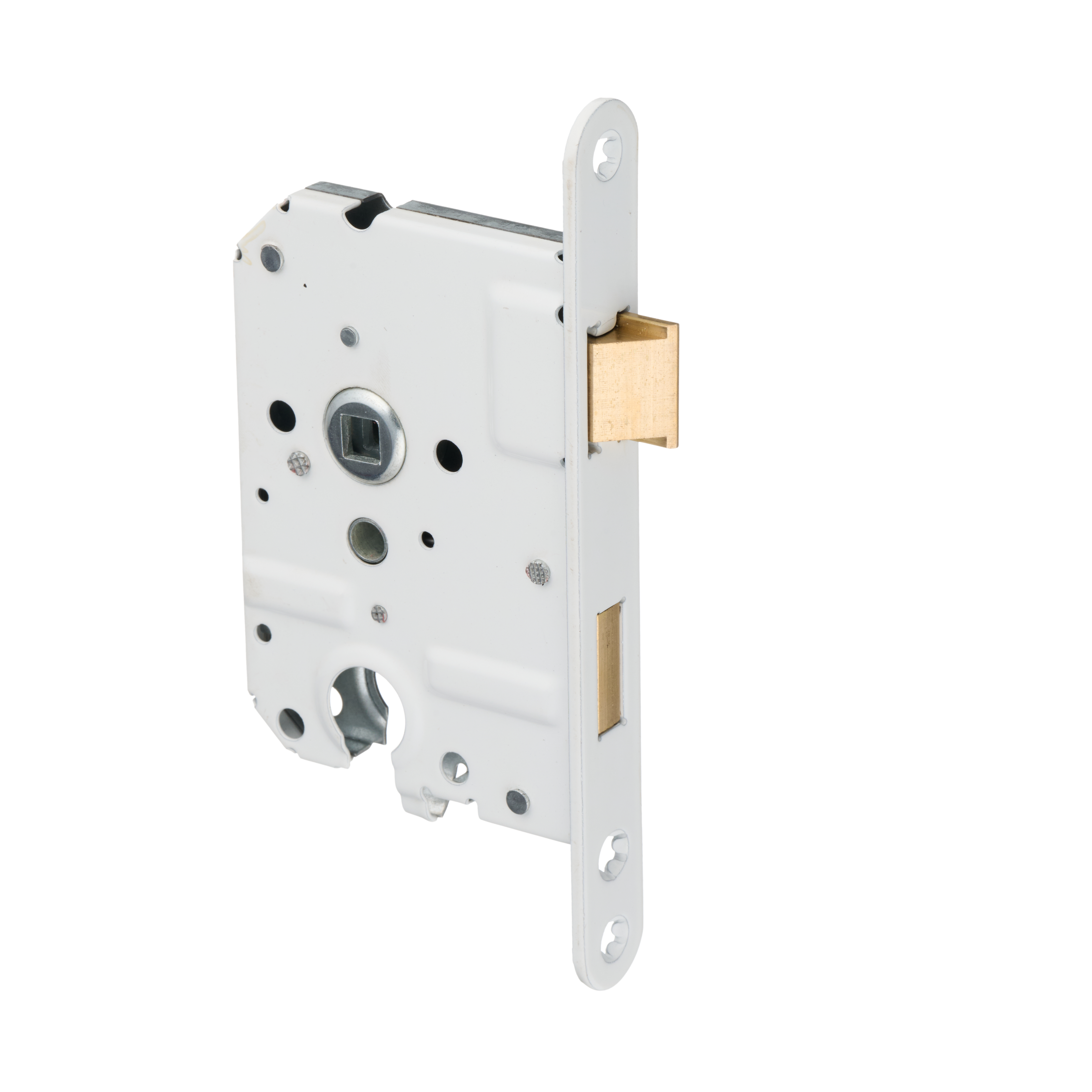 Zijaanzicht van Ostiumhome® binnenwerk loopslot met cilindergat en witte voorplaat, formaat 20x174 mm, PC55 maatvoering.

