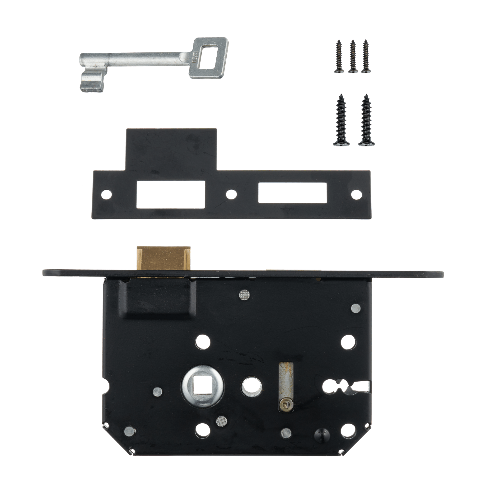 Bovenaanzicht van mat zwart PC56 loopslot van Ostiumhome® met sleutelgat en montagemateriaal

