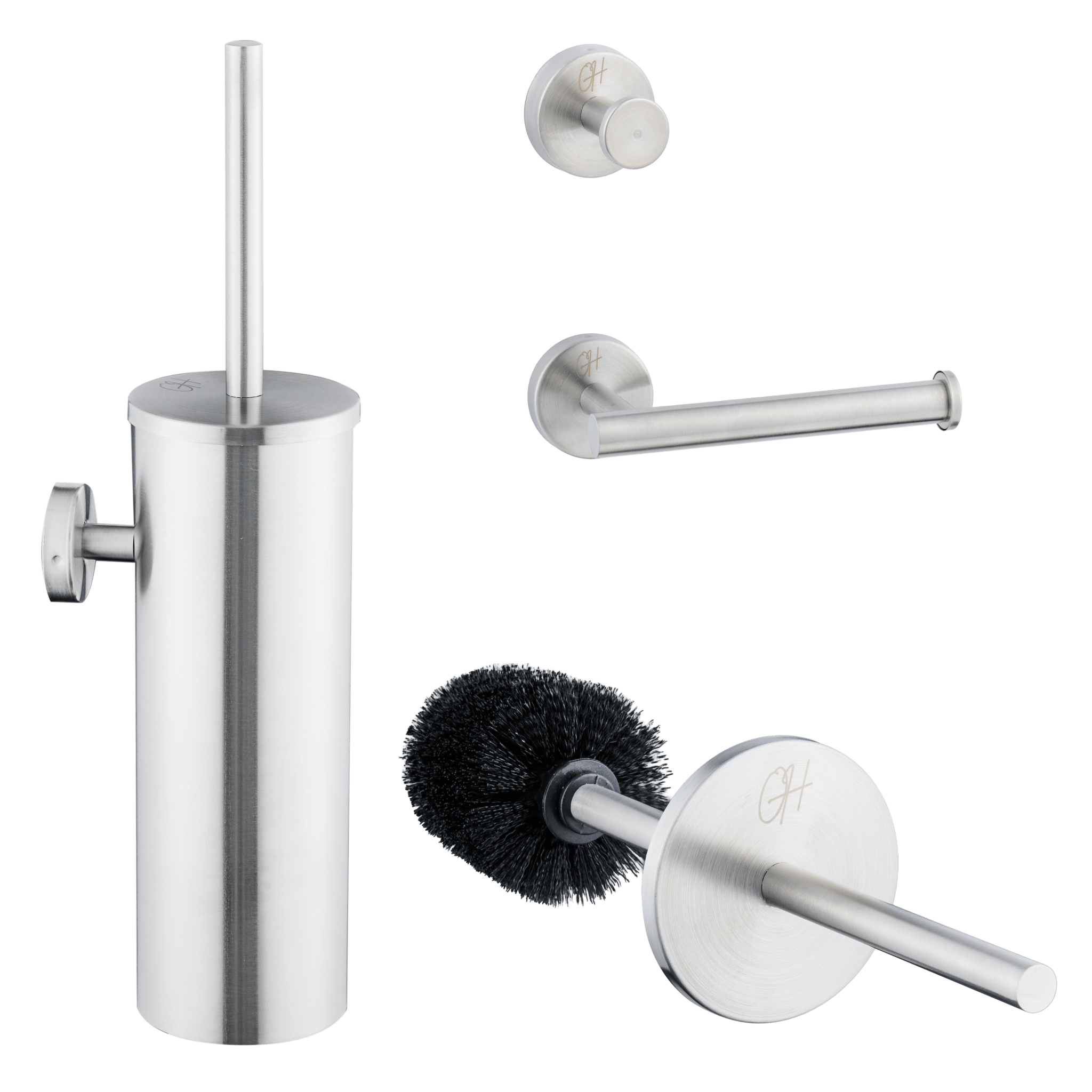 Compleet overzicht van de roestvrijstalen Ostiumhome® toiletset – borstel, haak en houder

