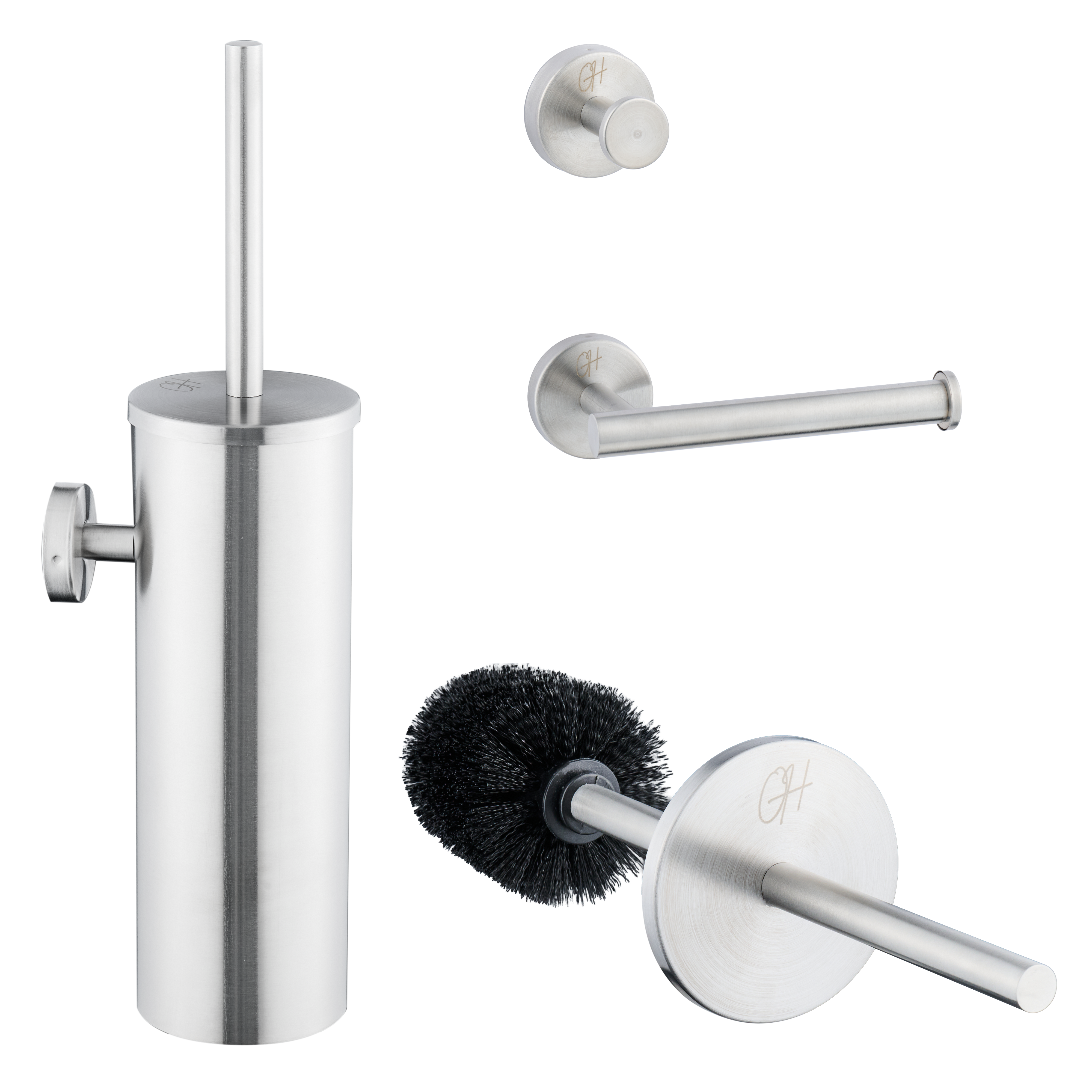 Compleet overzicht van de roestvrijstalen Ostiumhome® toiletset – borstel, haak en houder

