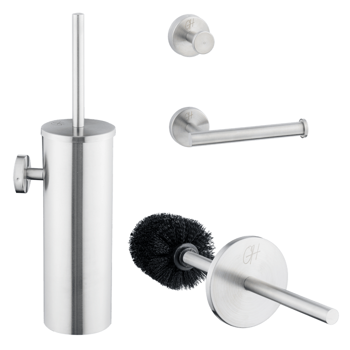 Compleet overzicht van de roestvrijstalen Ostiumhome® toiletset – borstel, haak en houder

