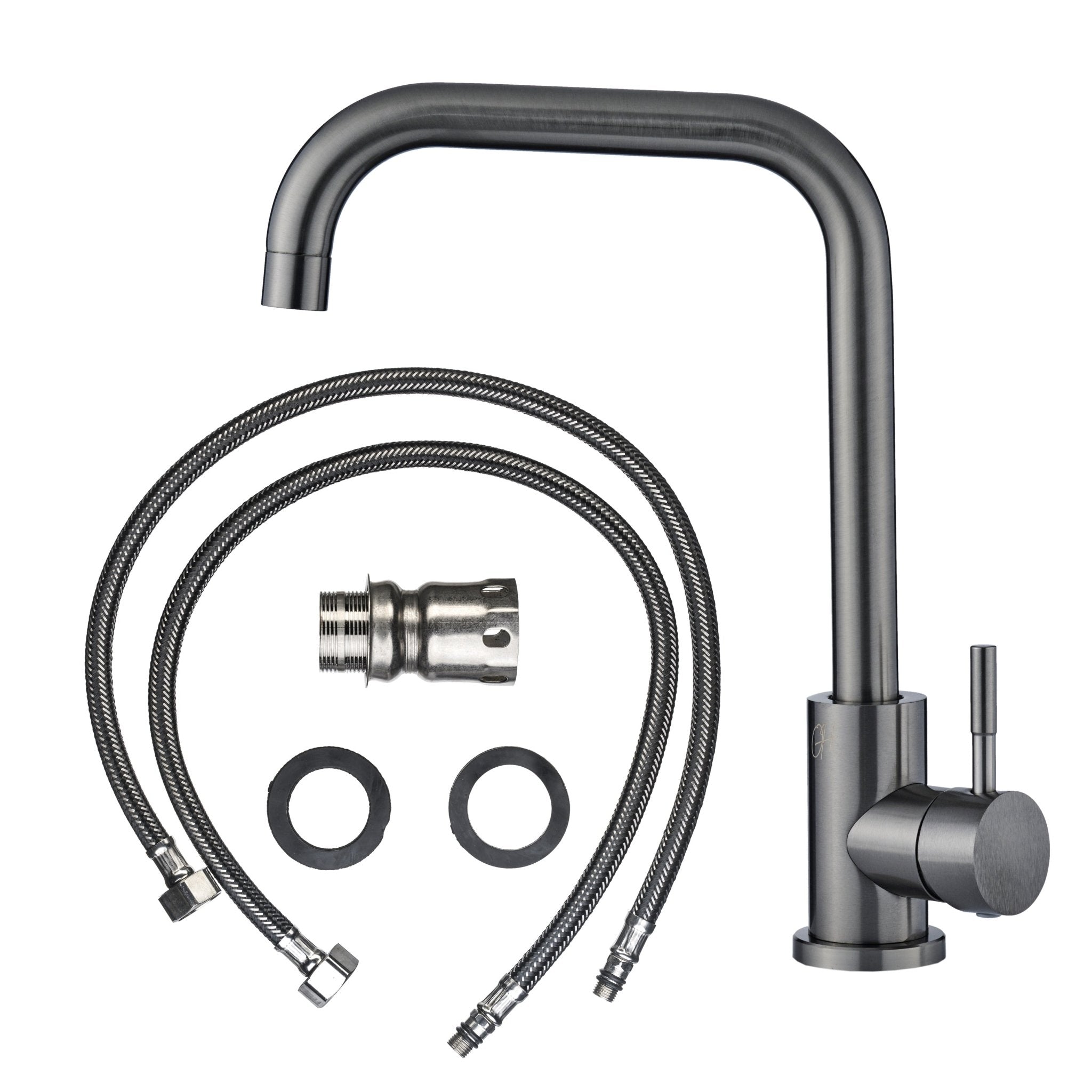 Gun Metal keukenkraan met flexibele aansluitslangen en montagemateriaal overzichtelijk verpakt.

