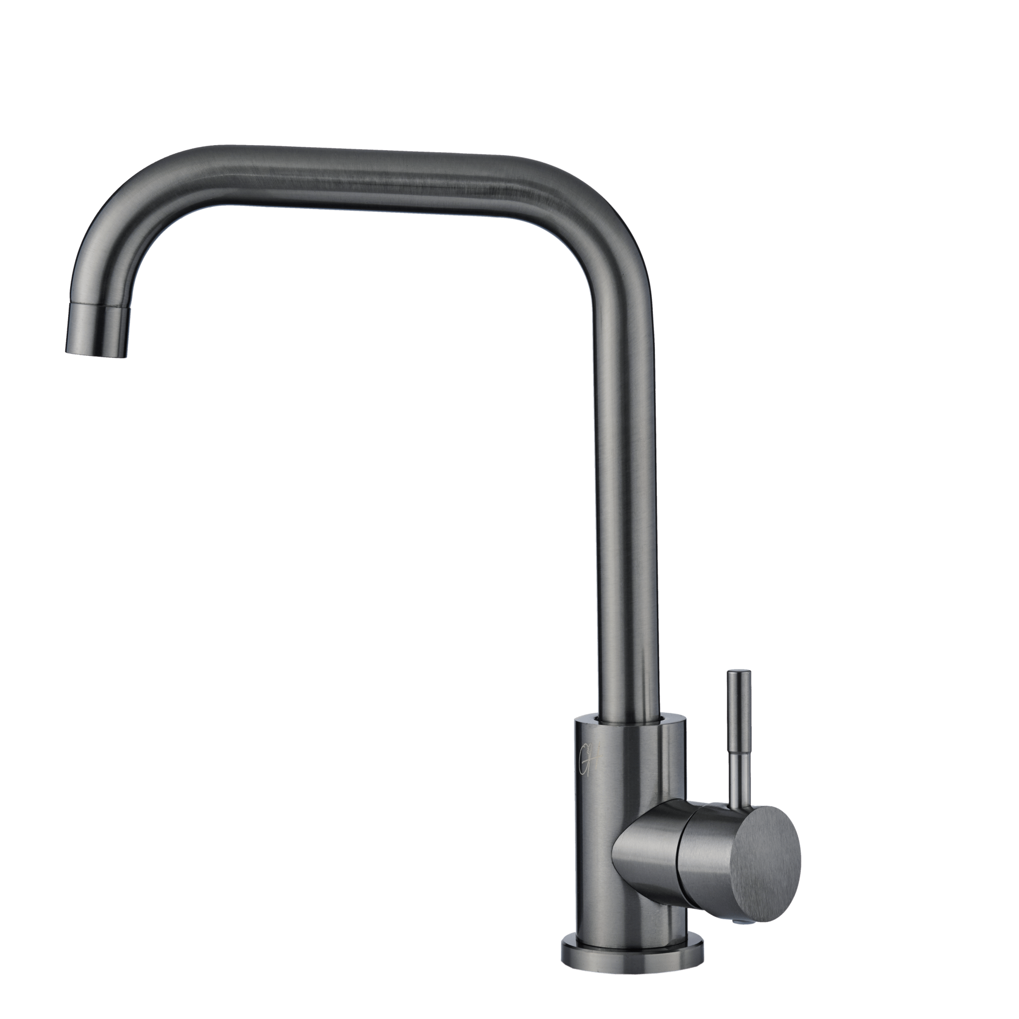 Gun Metal keukenkraan van Ostiumhome in vooraanzicht met matte premium finish en strakke rechte uitloop.

