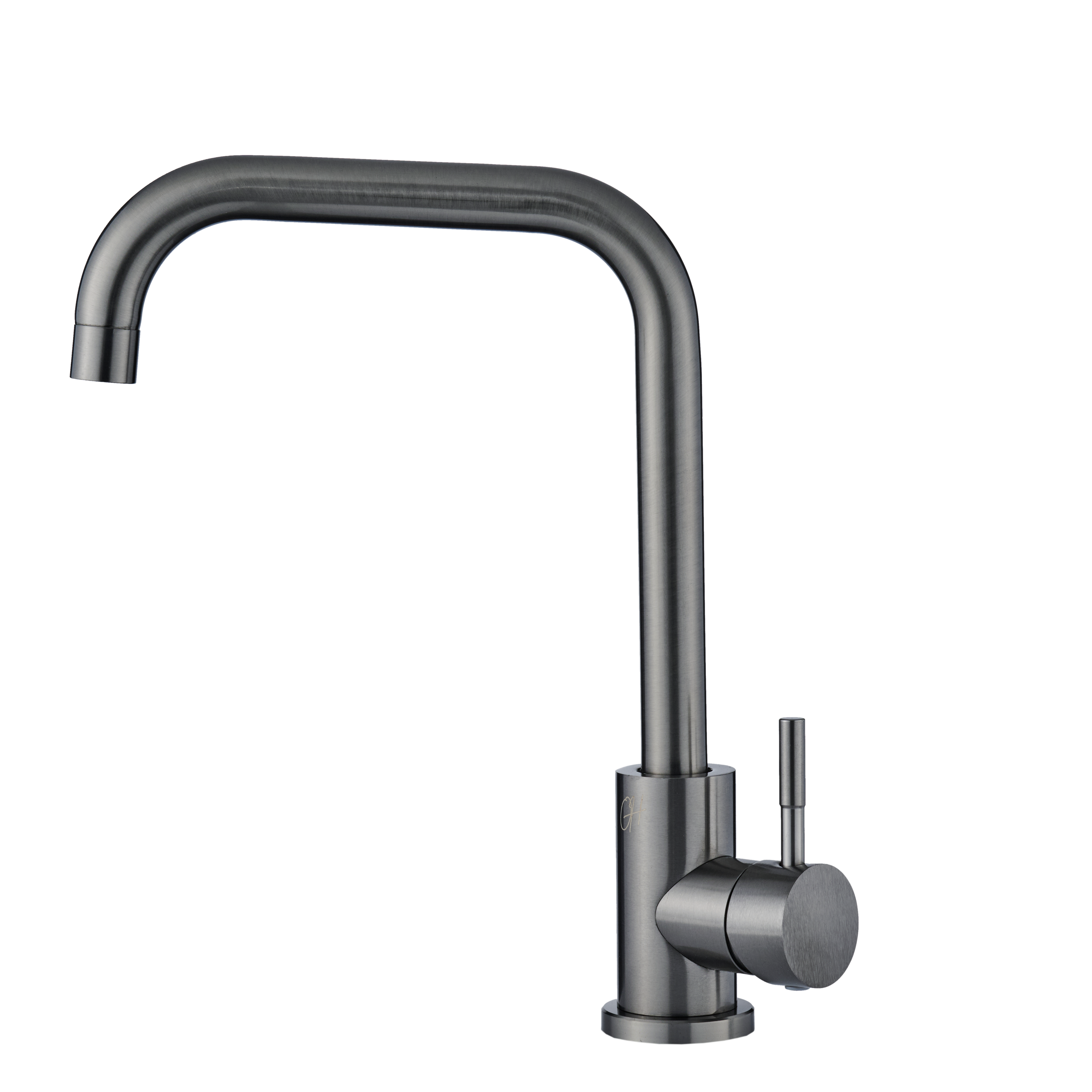 Gun Metal keukenkraan van Ostiumhome in vooraanzicht met matte premium finish en strakke rechte uitloop.

