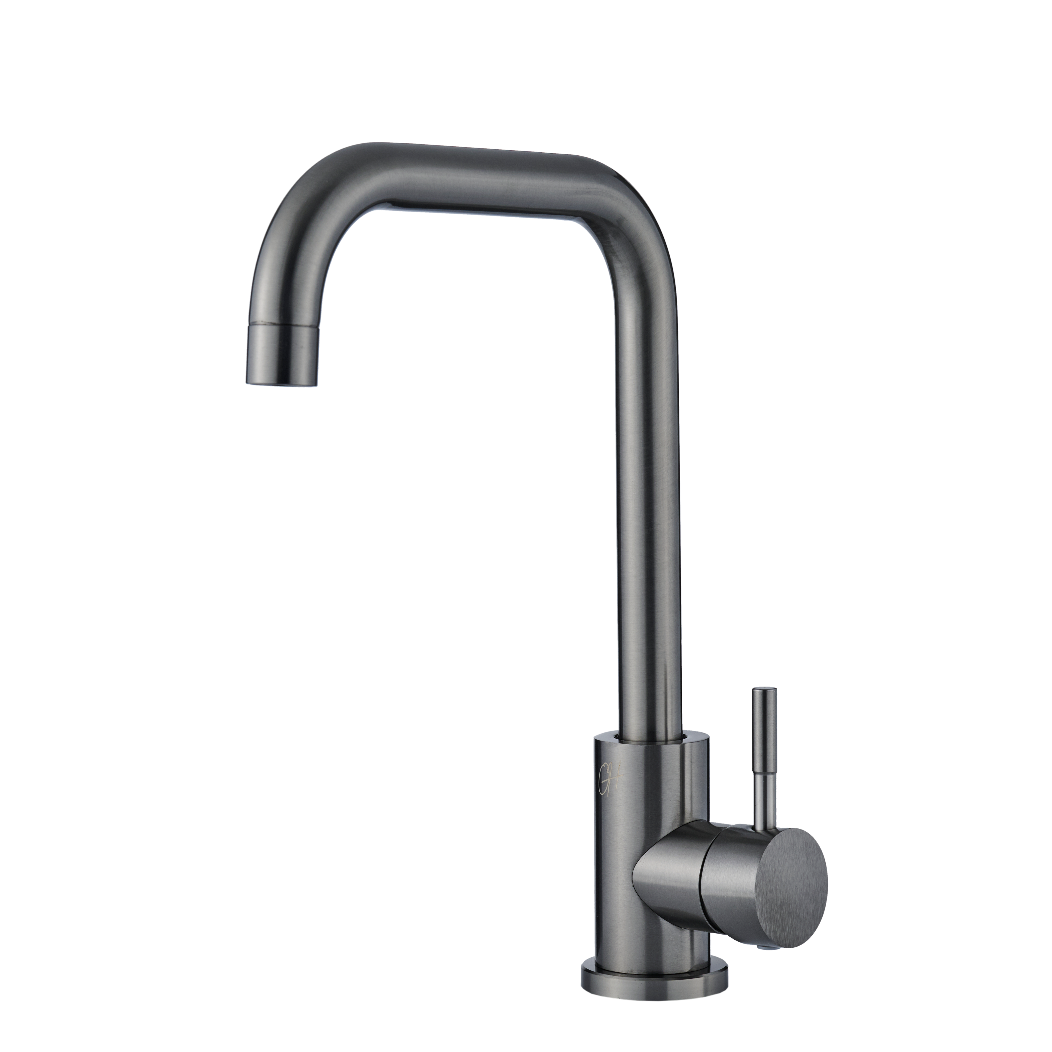 Zijaanzicht van de Gun Metal mengkraan met ergonomische hendel en stijlvol industrieel profiel.

