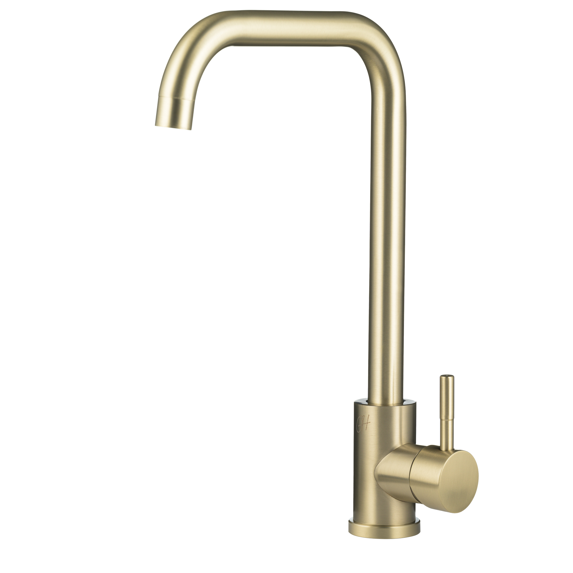 Mat gouden Savona keukenkraan in vooraanzicht met zachte glans en luxe minimalistisch design.

