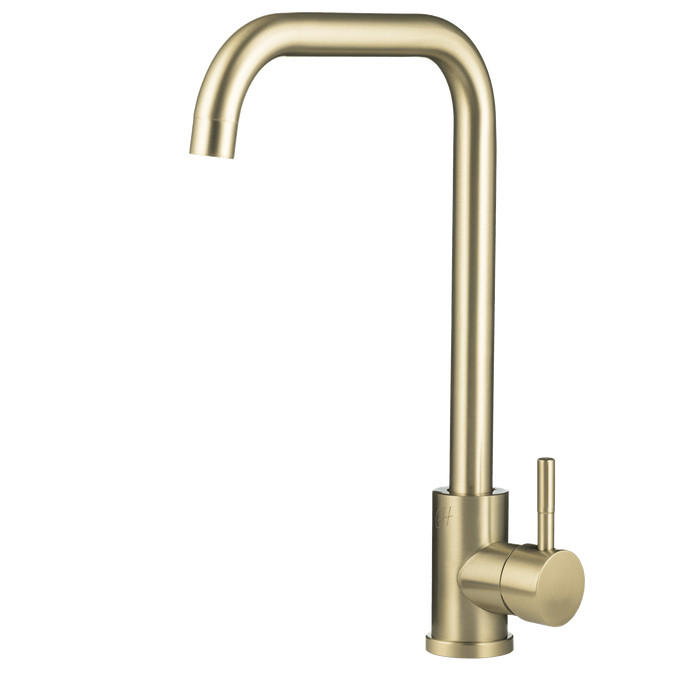 Mat gouden Savona keukenkraan in vooraanzicht met zachte glans en luxe minimalistisch design.

