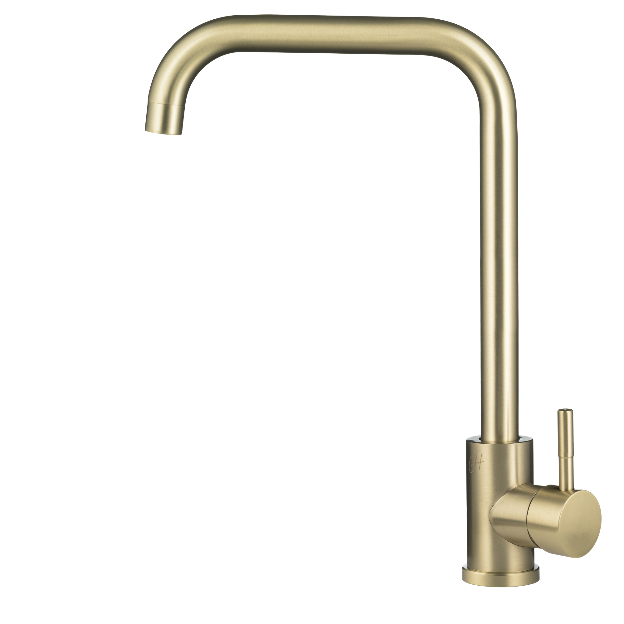 Zijaanzicht van de mat gouden kraan met rechtlijnig ontwerp en ergonomische hendelbediening.

