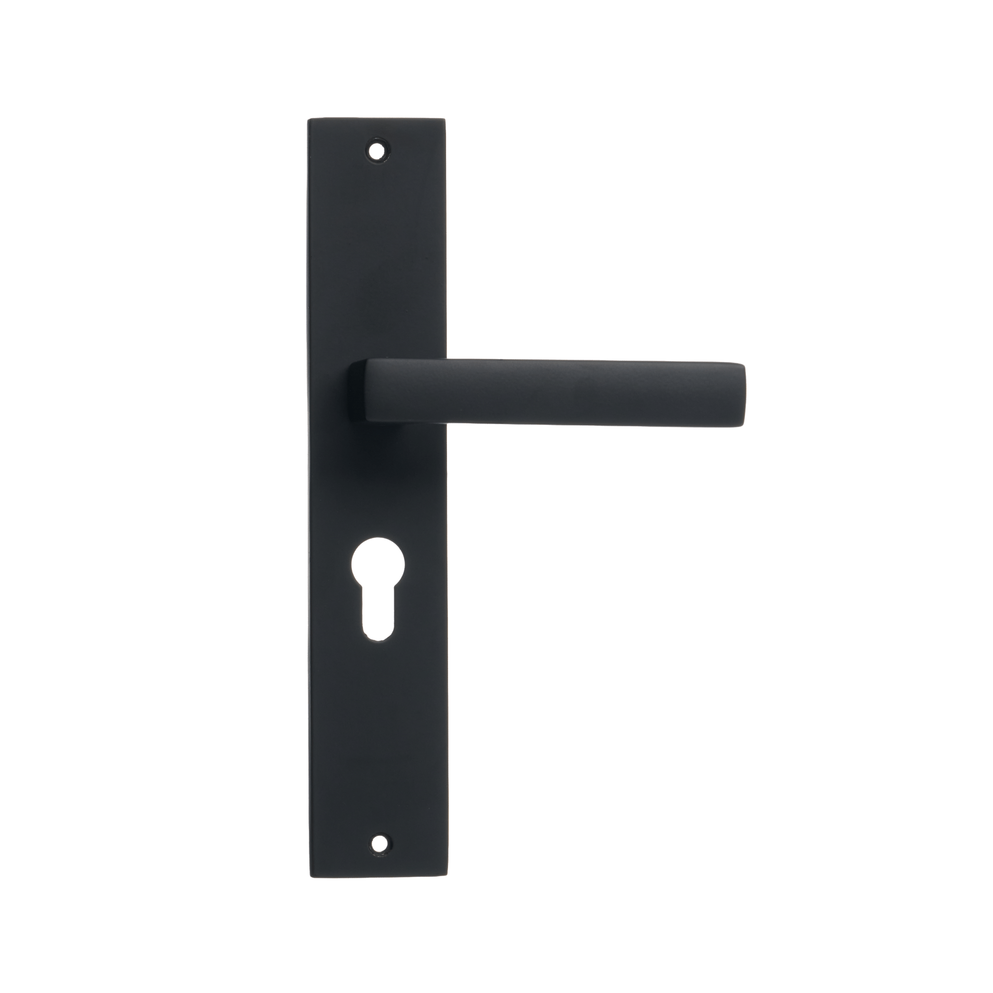 Ostiumhome® VENETO deurklink op schild met cilindergat in mat zwarte afwerking, 55 mm hartafstand – frontale weergave.
