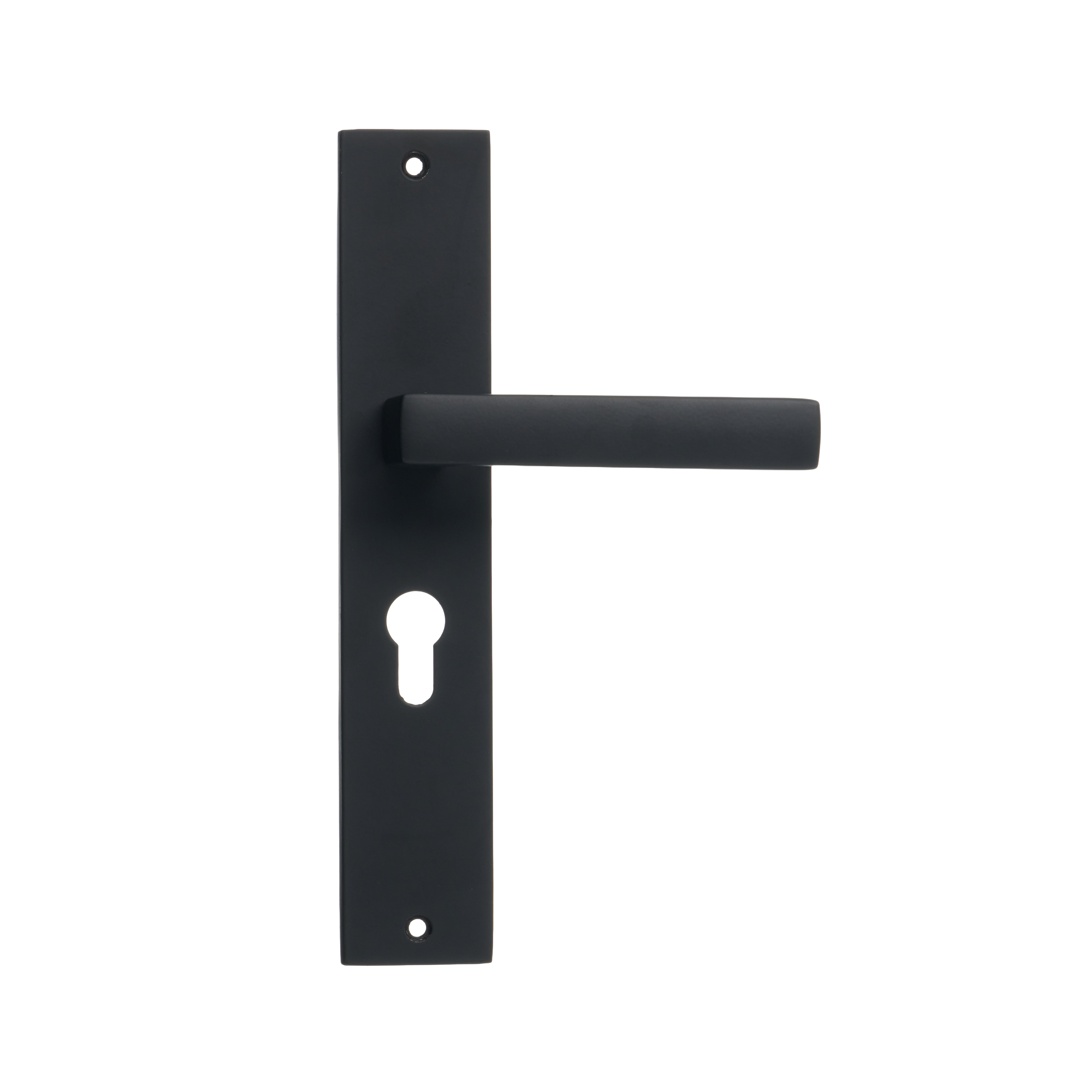 Ostiumhome® VENETO deurklink op schild met cilindergat in mat zwarte afwerking, 55 mm hartafstand – frontale weergave.
