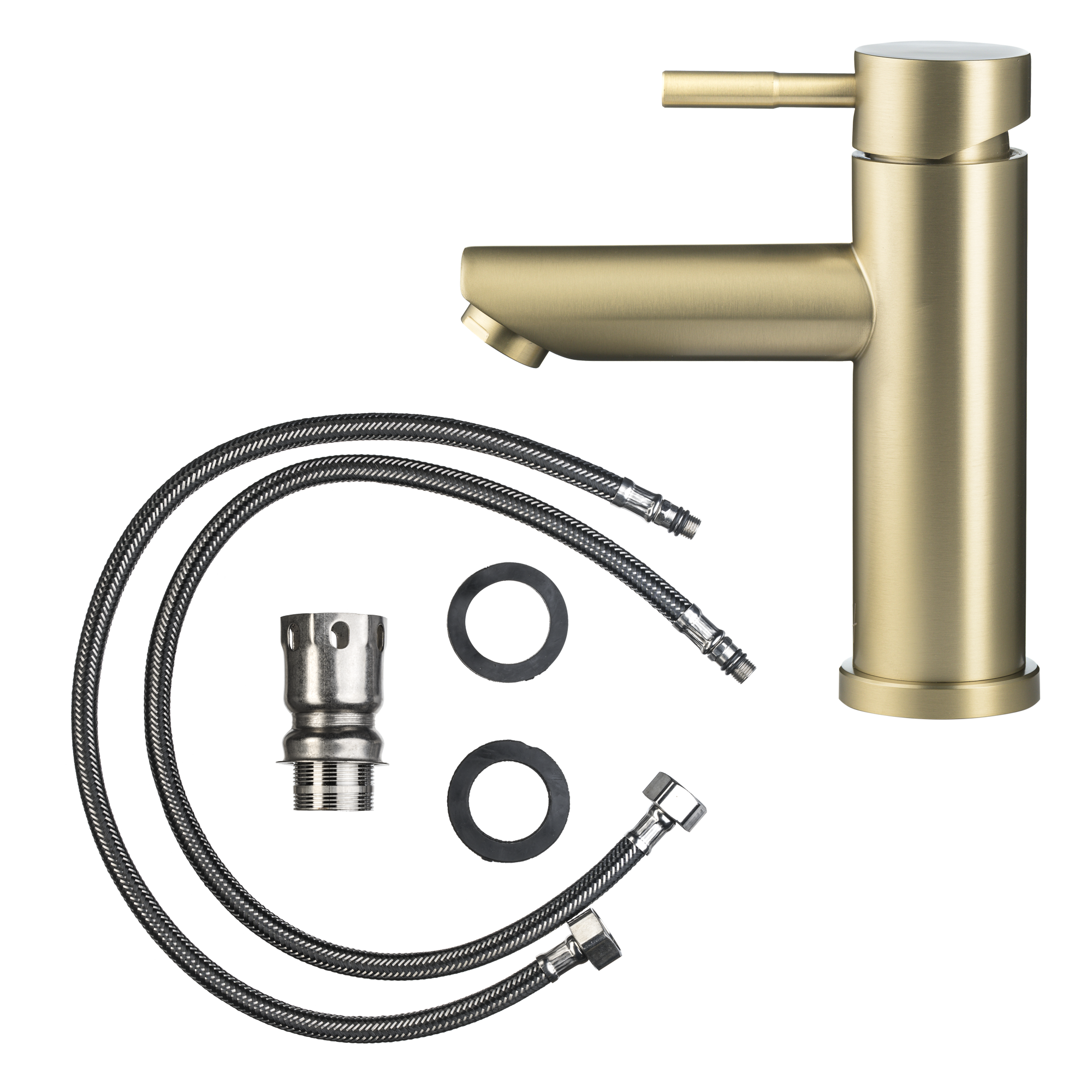 Gouden kraan in verpakking met alle accessoires overzichtelijk geplaatst, klaar voor installatie.

