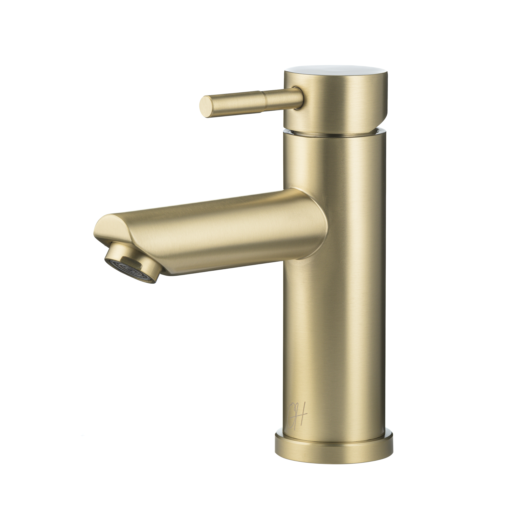 Luxe gouden wastafelkraan met rechte uitloop, symmetrisch ontwerp en mat gouden afwerking.

