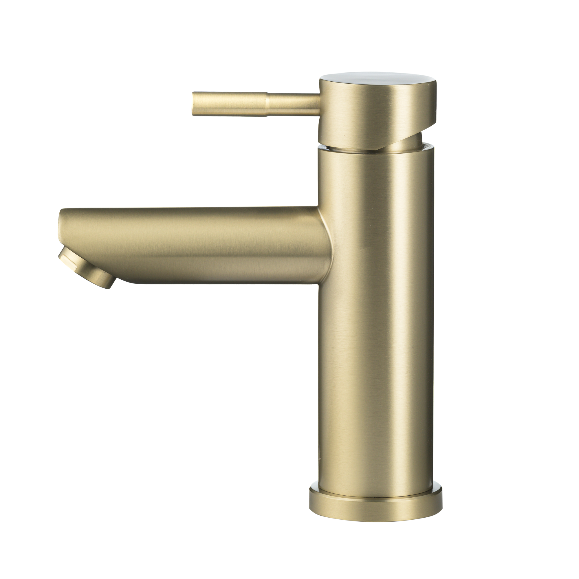 Zijaanzicht van de gouden kraan met geometrisch ontwerp en rechtlijnige moderne vorm.

