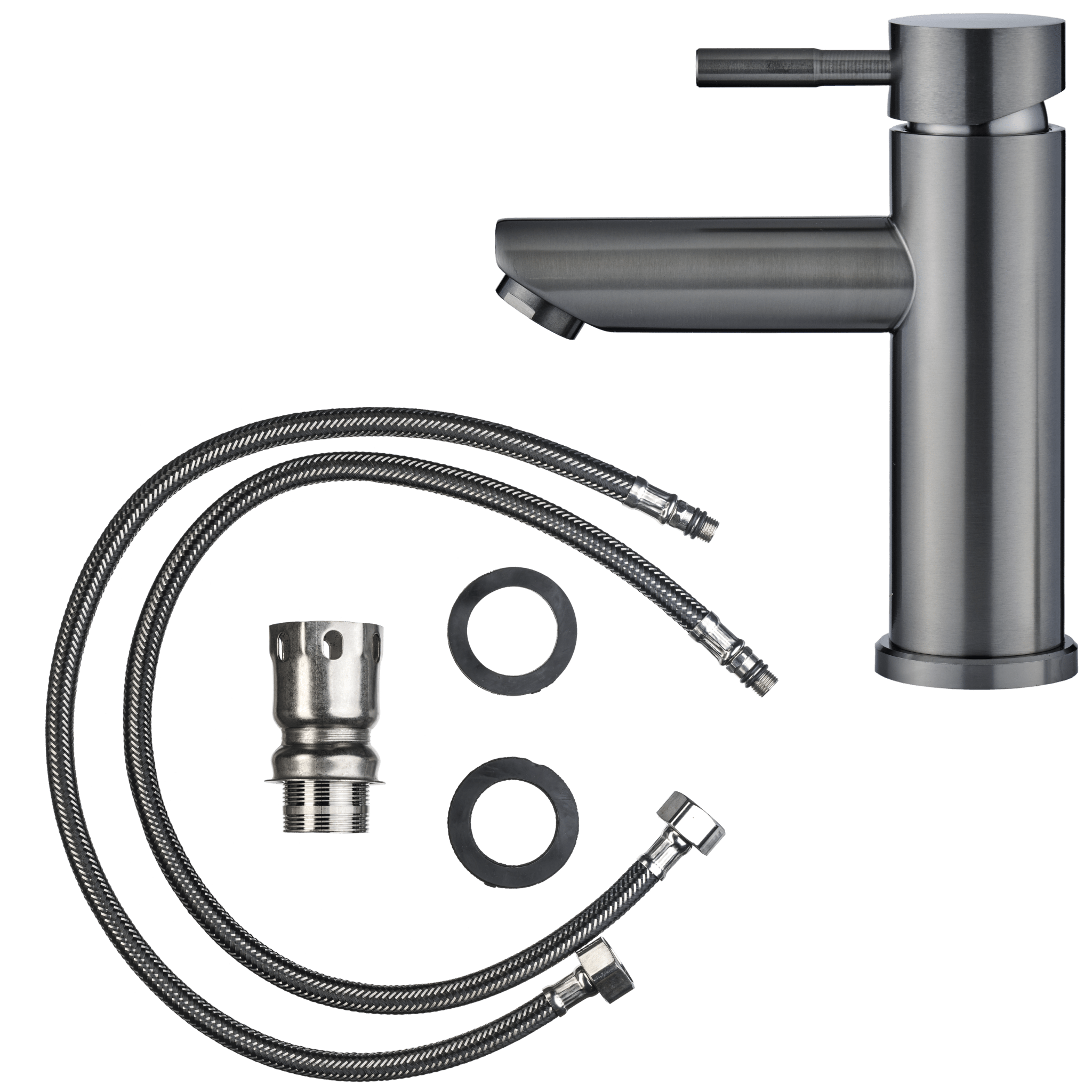 Gun Metal kraan inclusief montagebenodigdheden, flexibele slangen en bevestigingsset in nette verpakking.

