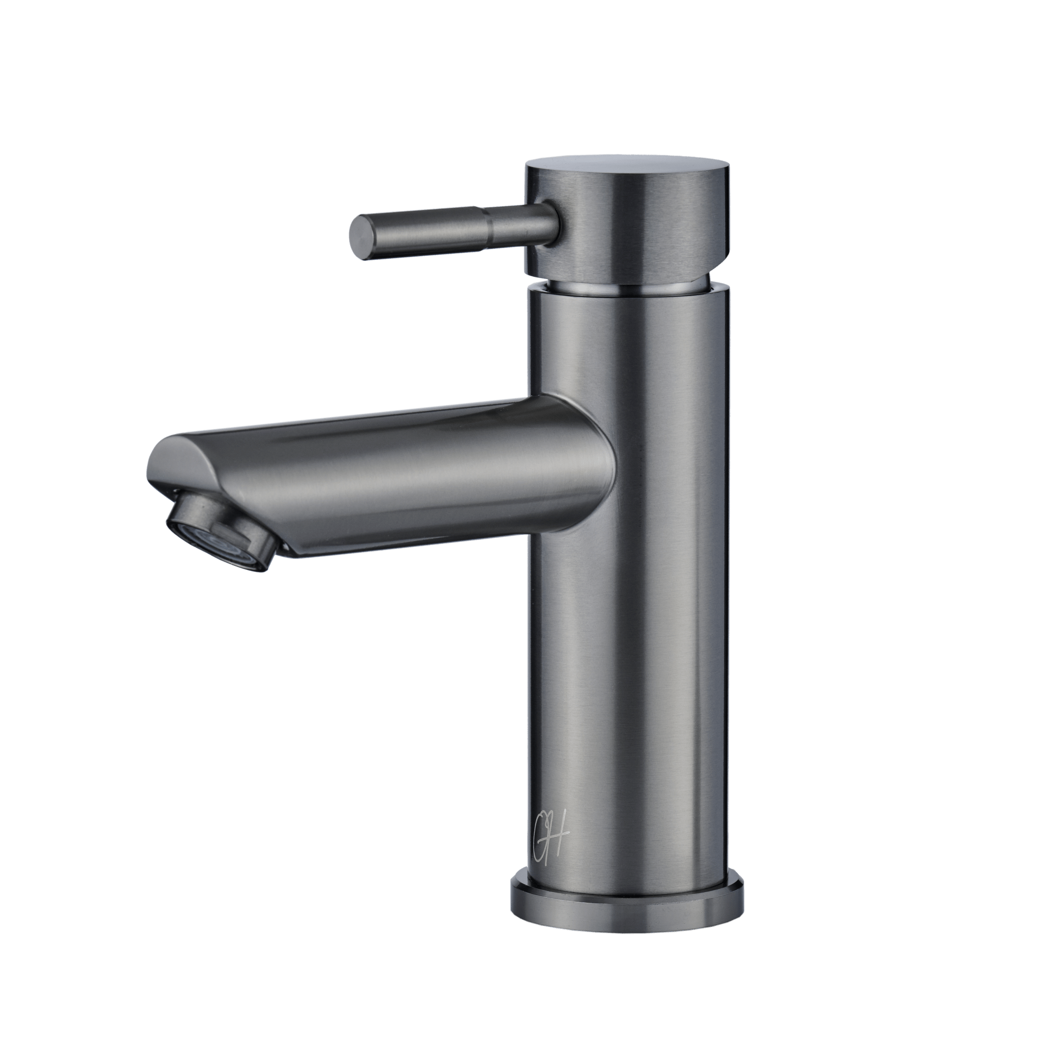 Gun Metal wastafelkraan van Ostiumhome met rechte uitloop en krachtige uitstraling in strak vooraanzicht.

