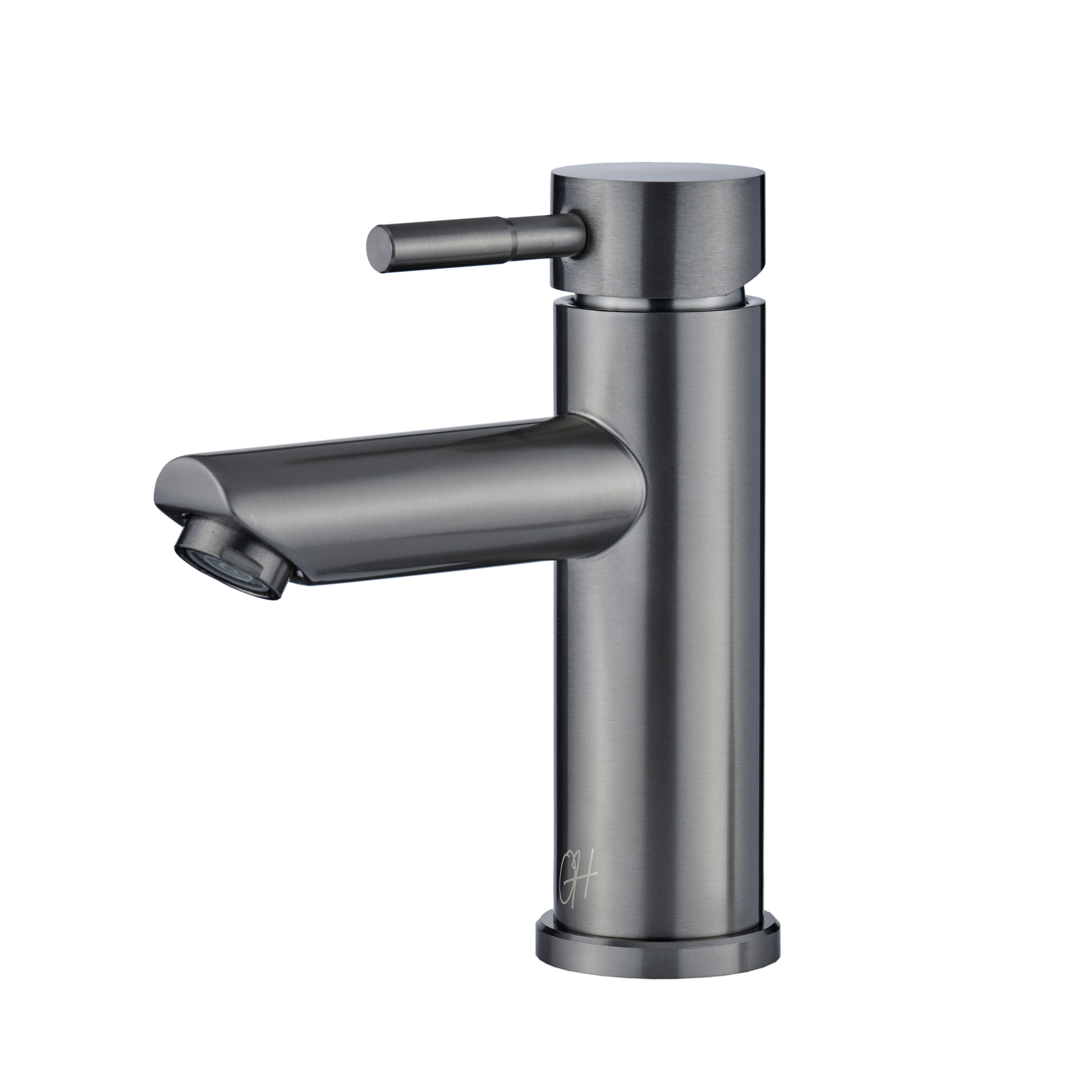 Gun Metal wastafelkraan van Ostiumhome met rechte uitloop en krachtige uitstraling in strak vooraanzicht.

