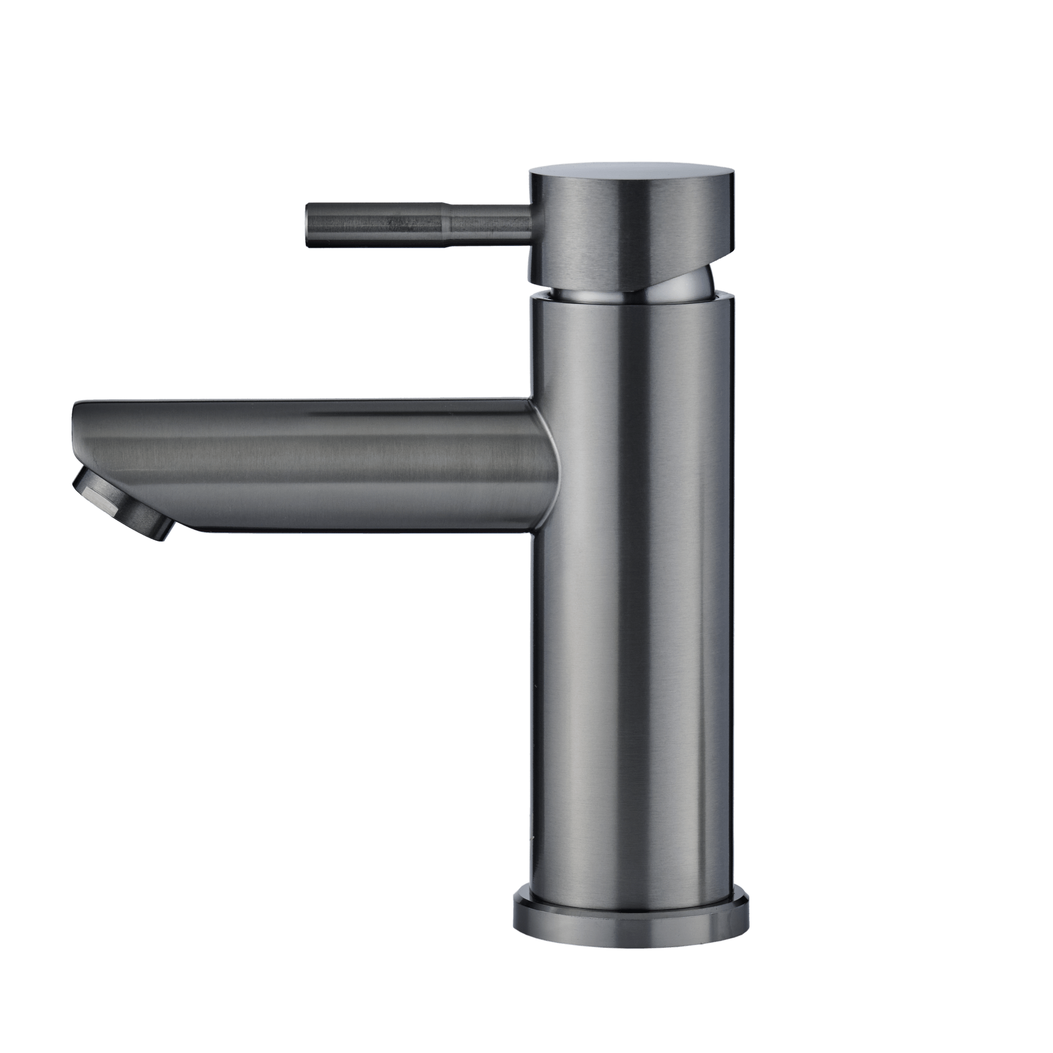 Zijaanzicht van de Gun Metal Atranti kraan met rechte lijnen en robuuste, industriële look.

