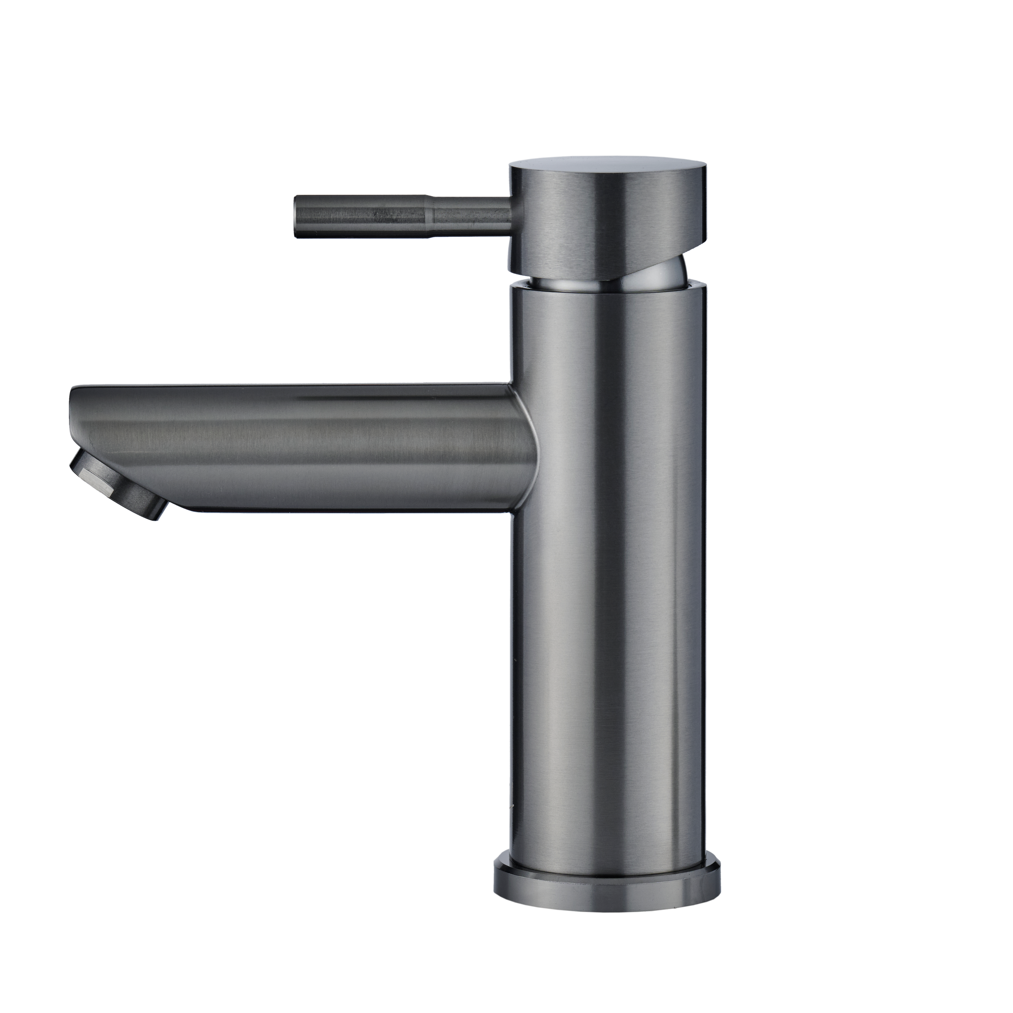 Zijaanzicht van de Gun Metal Atranti kraan met rechte lijnen en robuuste, industriële look.


