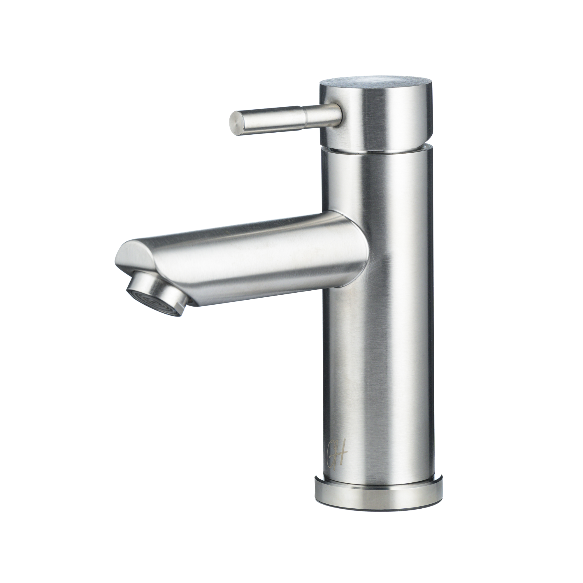 RVS wastafelkraan met rechte uitloop, symmetrisch design en geborstelde afwerking in vooraanzicht.

