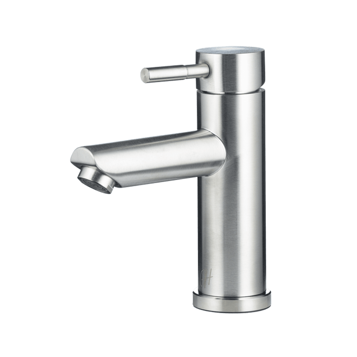 RVS wastafelkraan met rechte uitloop, symmetrisch design en geborstelde afwerking in vooraanzicht.

