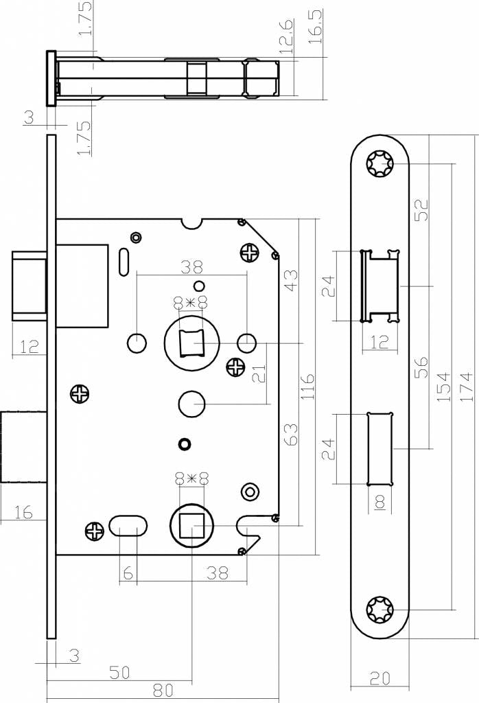 Technische tekening van het mat zwarte wc-slot van Ostiumhome® – maatdetails van PC63 uitvoering

