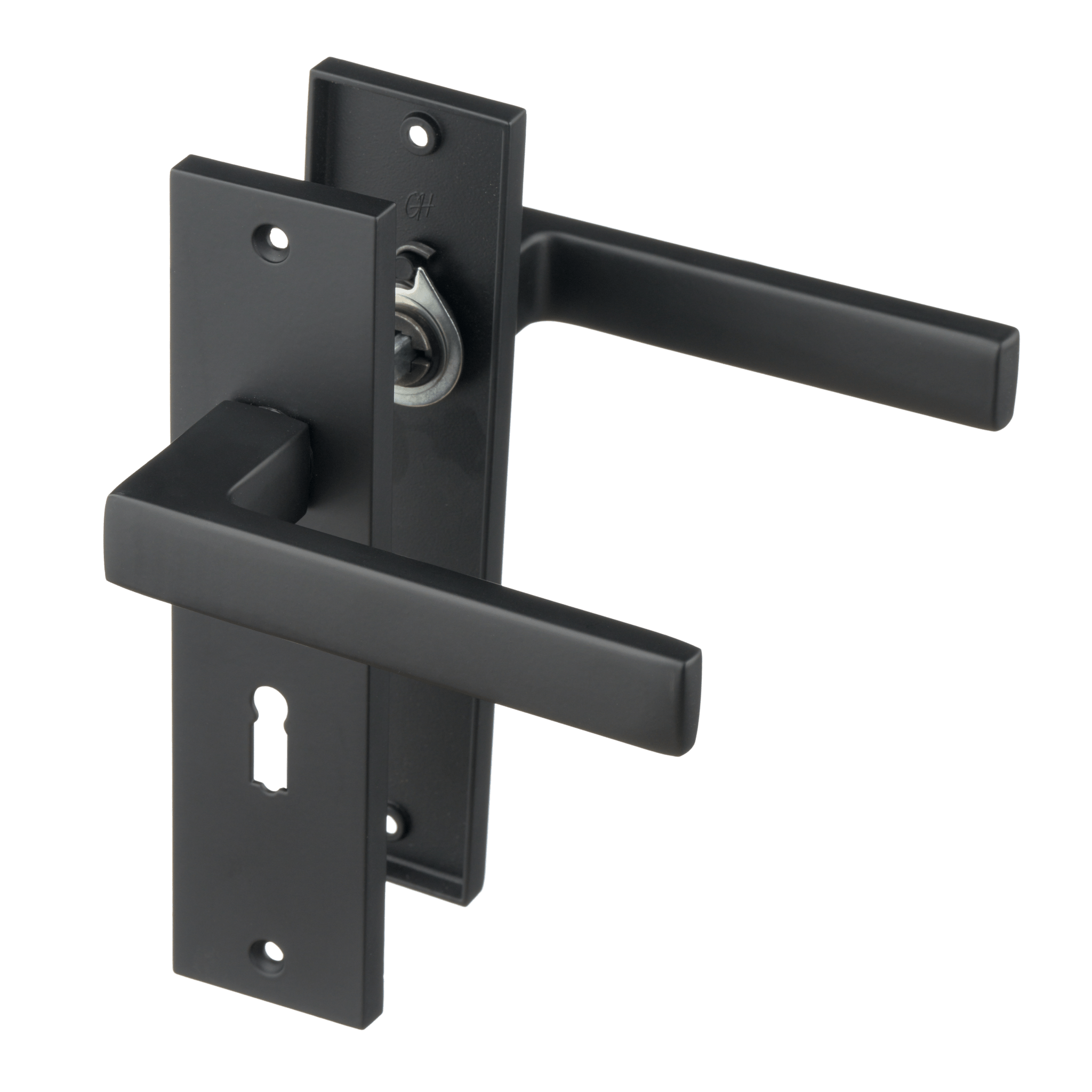 Mat zwarte Ravello deurklink op kort schild 180 × 45 mm met sleutelgat PC 56 mm voor moderne binnendeuren 