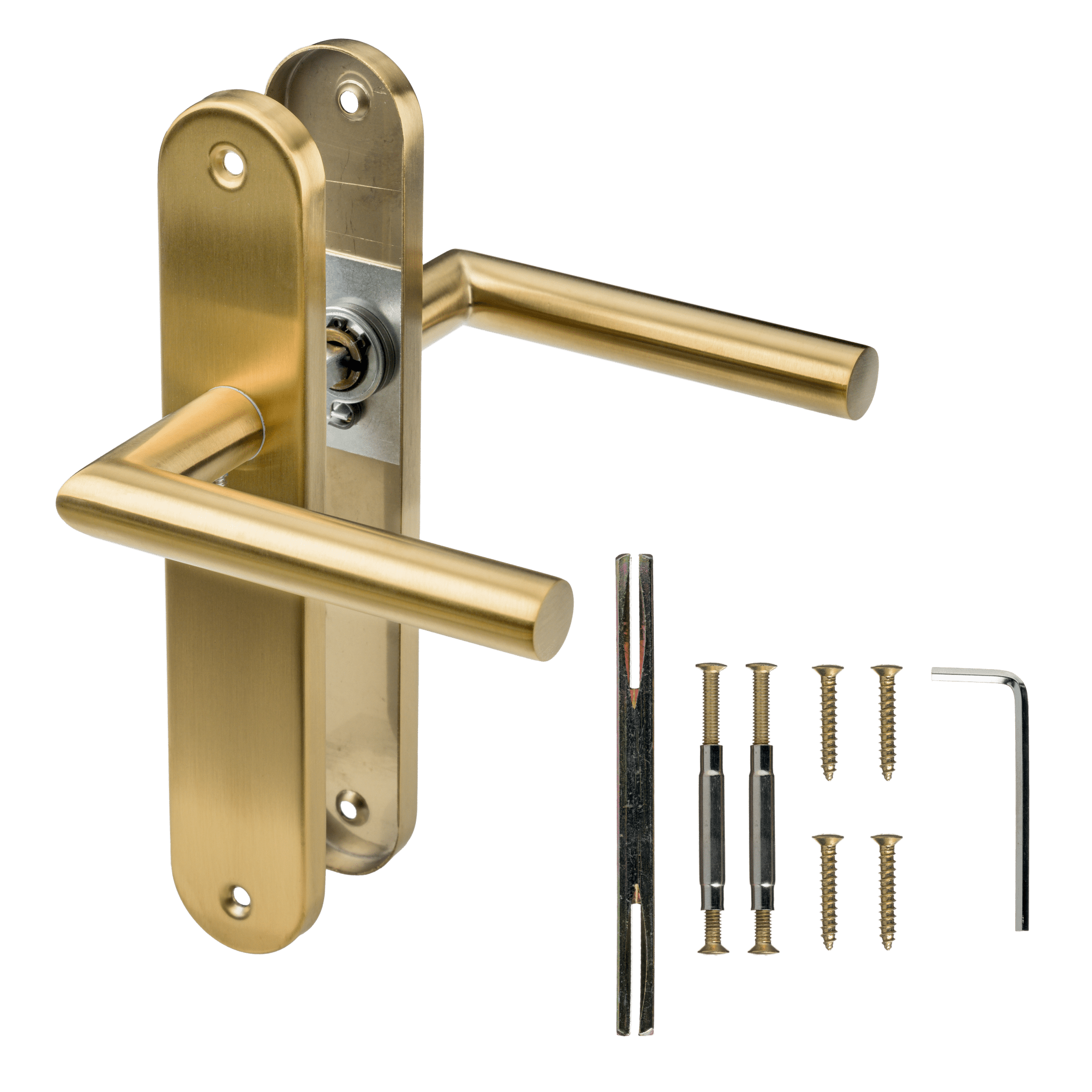 RVS Andria deurklink mat goud op rond schild 225 mm met ergonomische greep voor comfortabel gebruik

