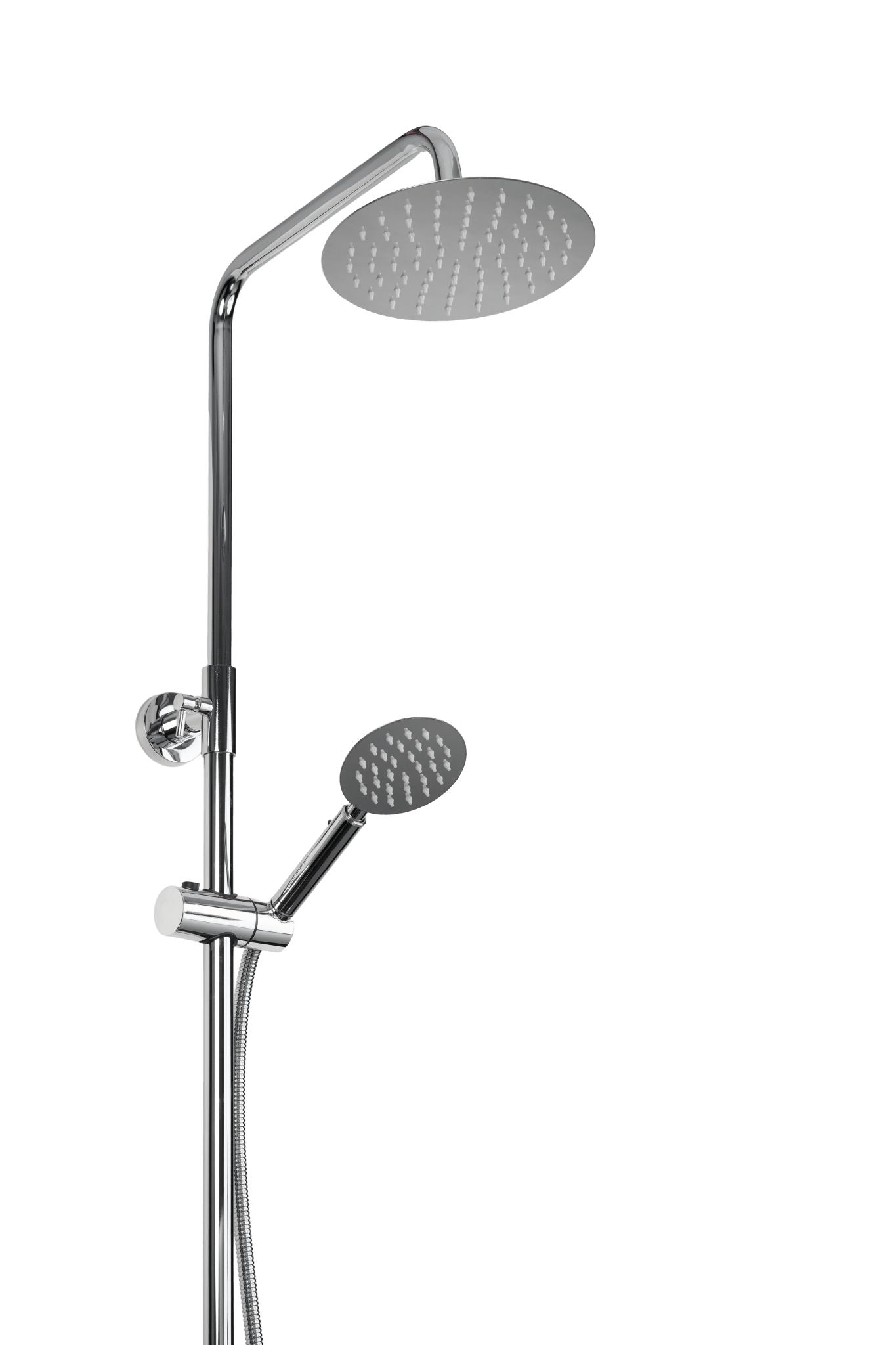 RVS Novi regendouche rond Ø200 mm met flexibele handdouche en 277 mm brede thermostaatmixer, geschikt voor standaard wandmontage 