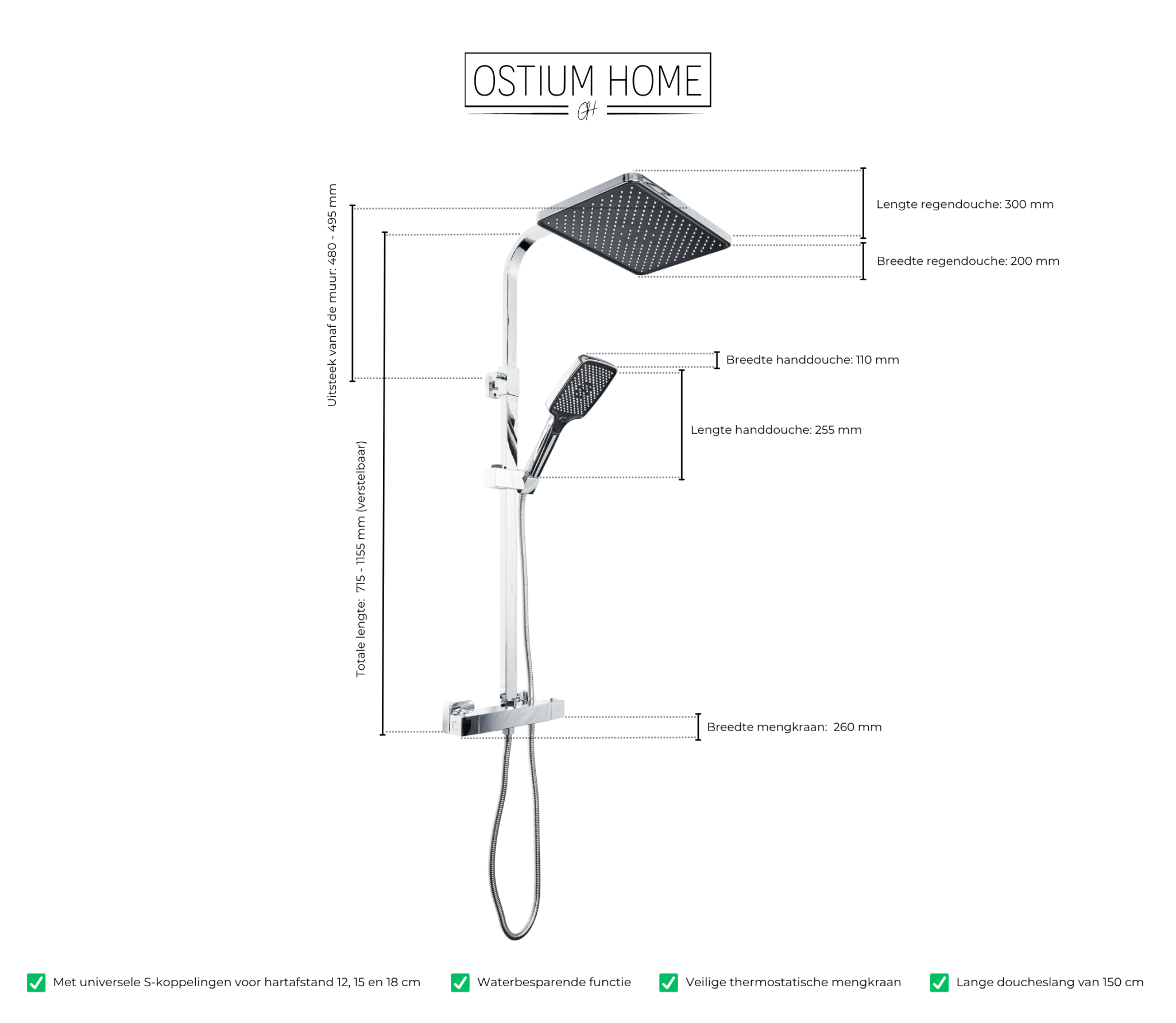 Technische tekening met afmetingen en specificaties van de voltri rvs regendouche van Ostiumhome
