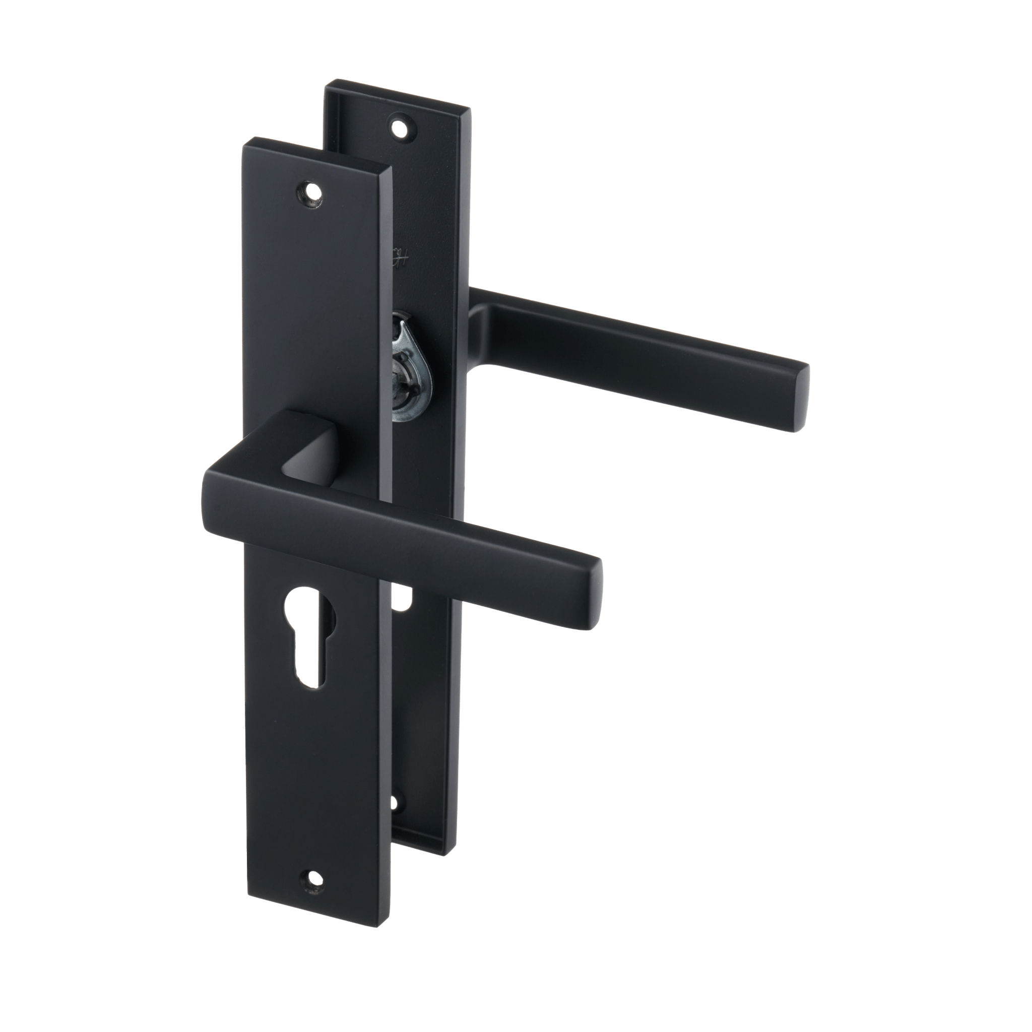 Zijaanzicht van de VENETO deurklink met mat zwart schild en cilindergat van Ostiumhome®, 55 mm PC-maat.