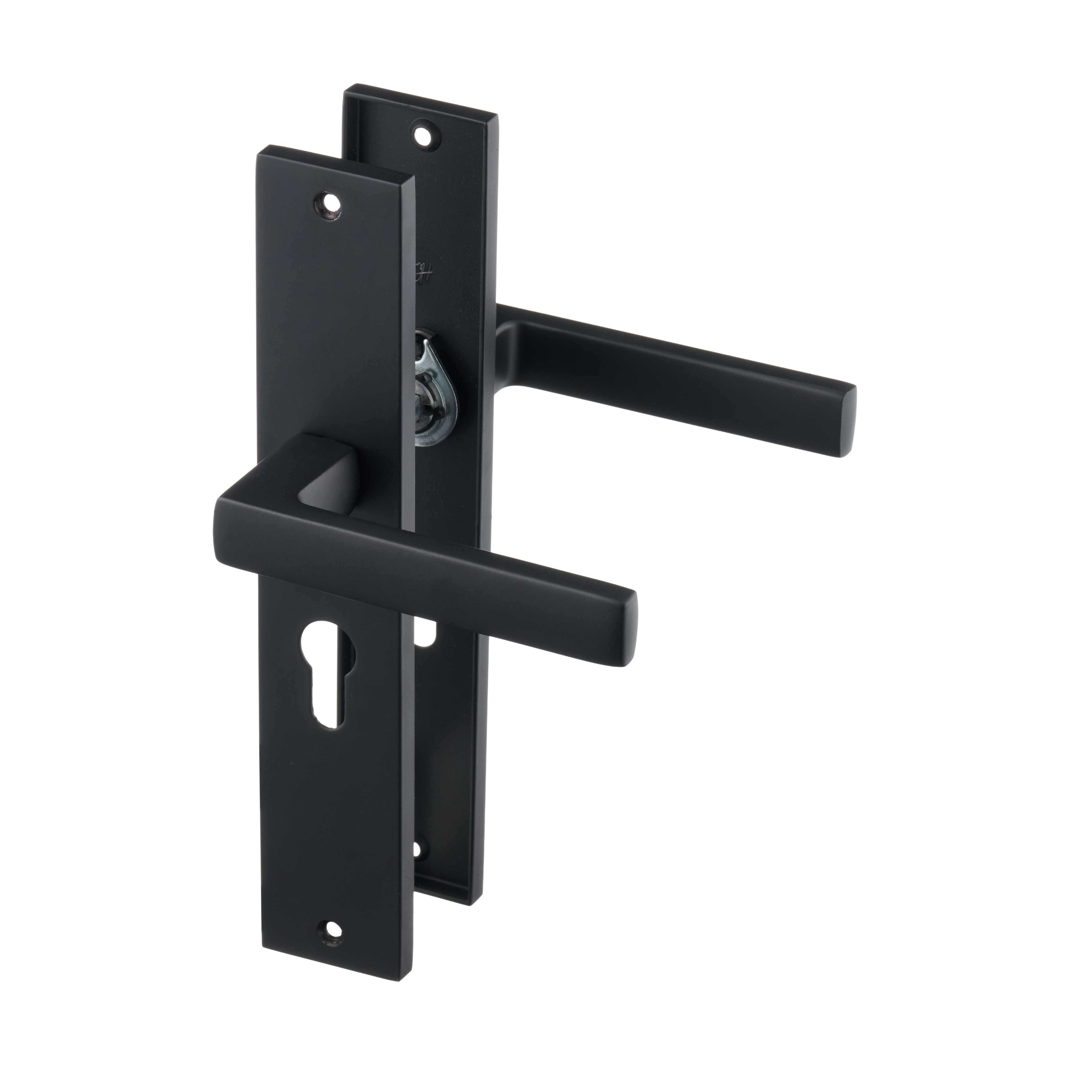 Zijaanzicht van de VENETO deurklink met mat zwart schild en cilindergat van Ostiumhome®, 55 mm PC-maat.