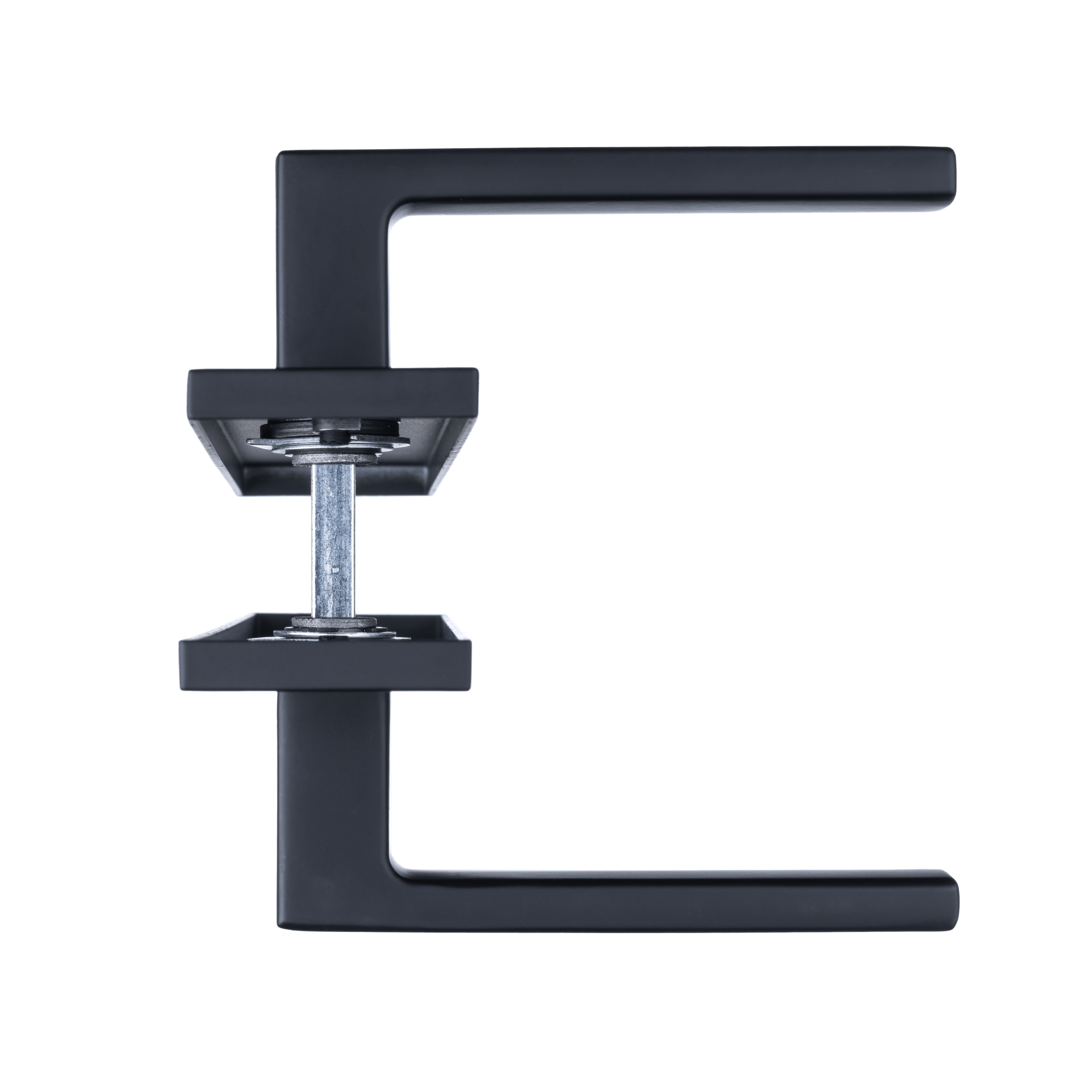 RVS Veneto deurbeslag op mat zwart schild met tijdloos vierkant design en ergonomische greep

