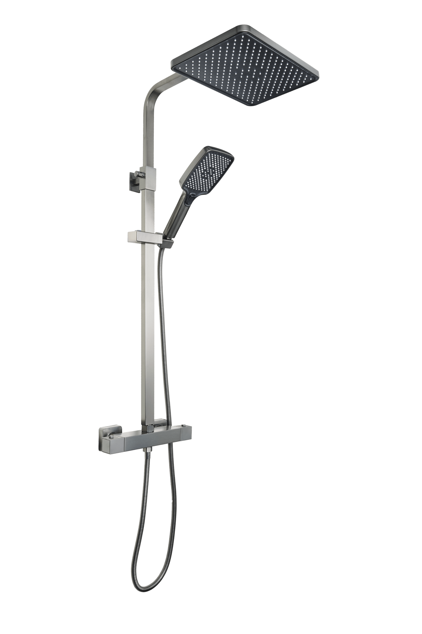 Volledige Voltri douche set in gun metal met vierkante 20 × 30 cm stortdouche, thermostatische mengkraan en flexibele handdouche voor ultiem comfort 