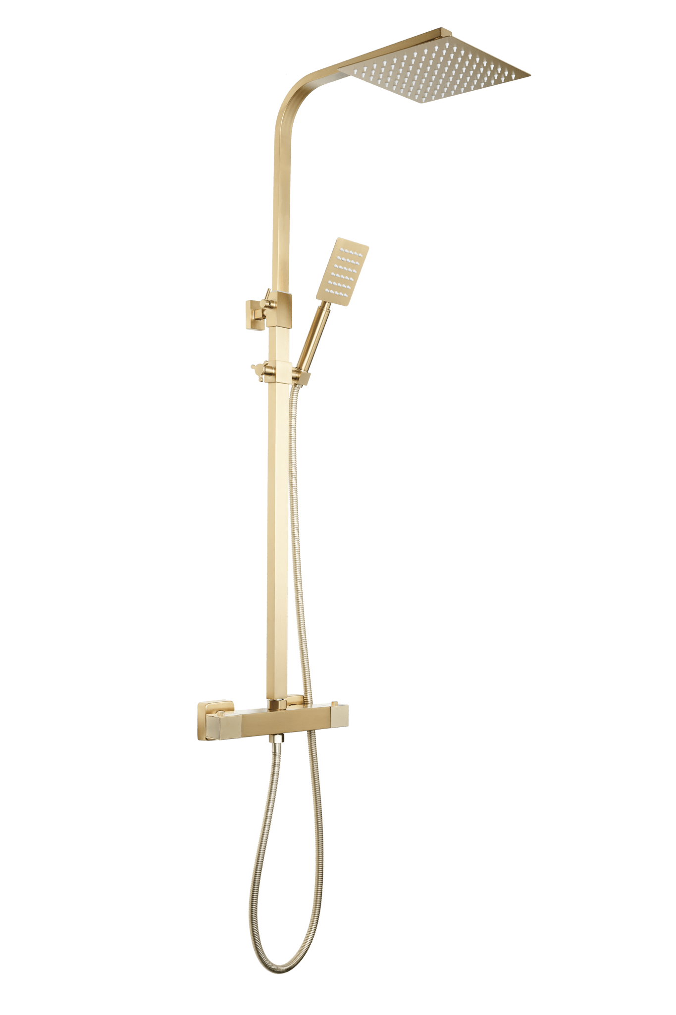 Complete mat gouden Voltri doucheset met vierkante 25×25 cm stortdouche, instelbare hartafstand 12/15/18 cm, handdouche en mengkraan, inclusief installatie­materialen