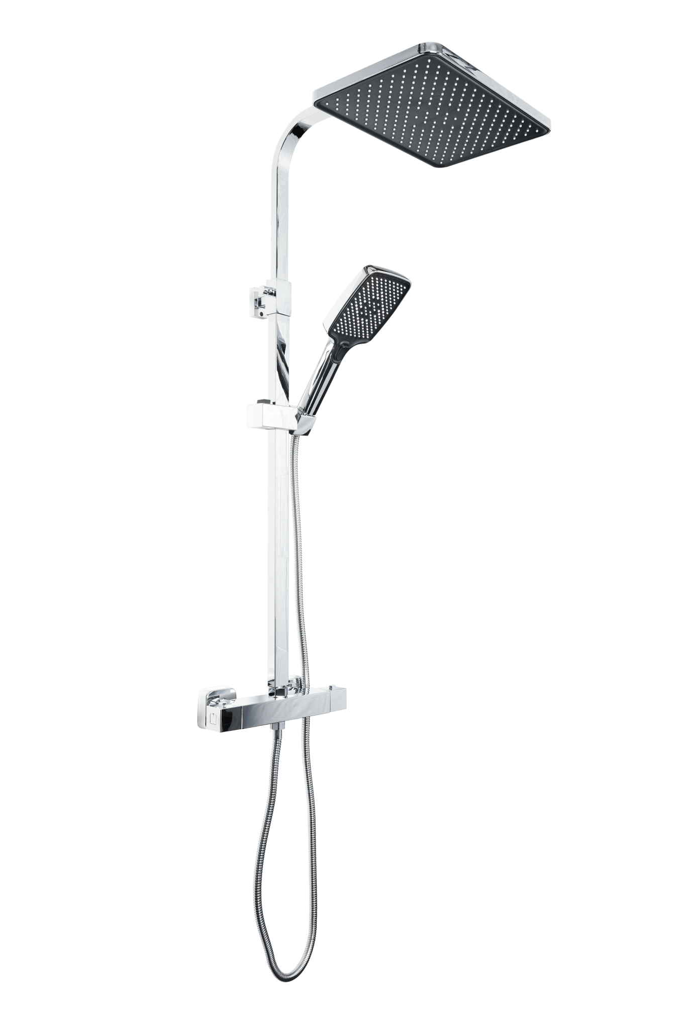 Complete Voltri RVS douche set met strakke vierkante 20 × 30 cm stortdouche, instelbare hartafstand 12/15/18 cm, flexibele vierkante handdouche en thermostatische mengkraan, inclusief installatie­materiaal 