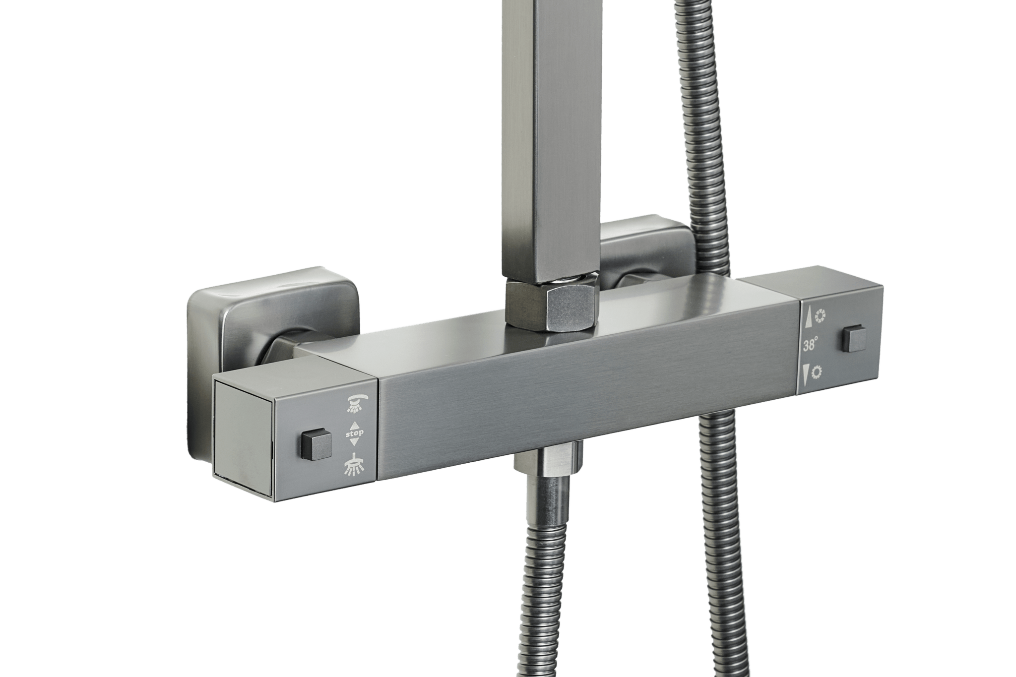 Gun metal Voltri douche set met instelbare hartafstand 12 / 15 / 18 cm, verstelbare kolomhoogte en waterbesparende handdouche voor veelzijdig gebruik 
