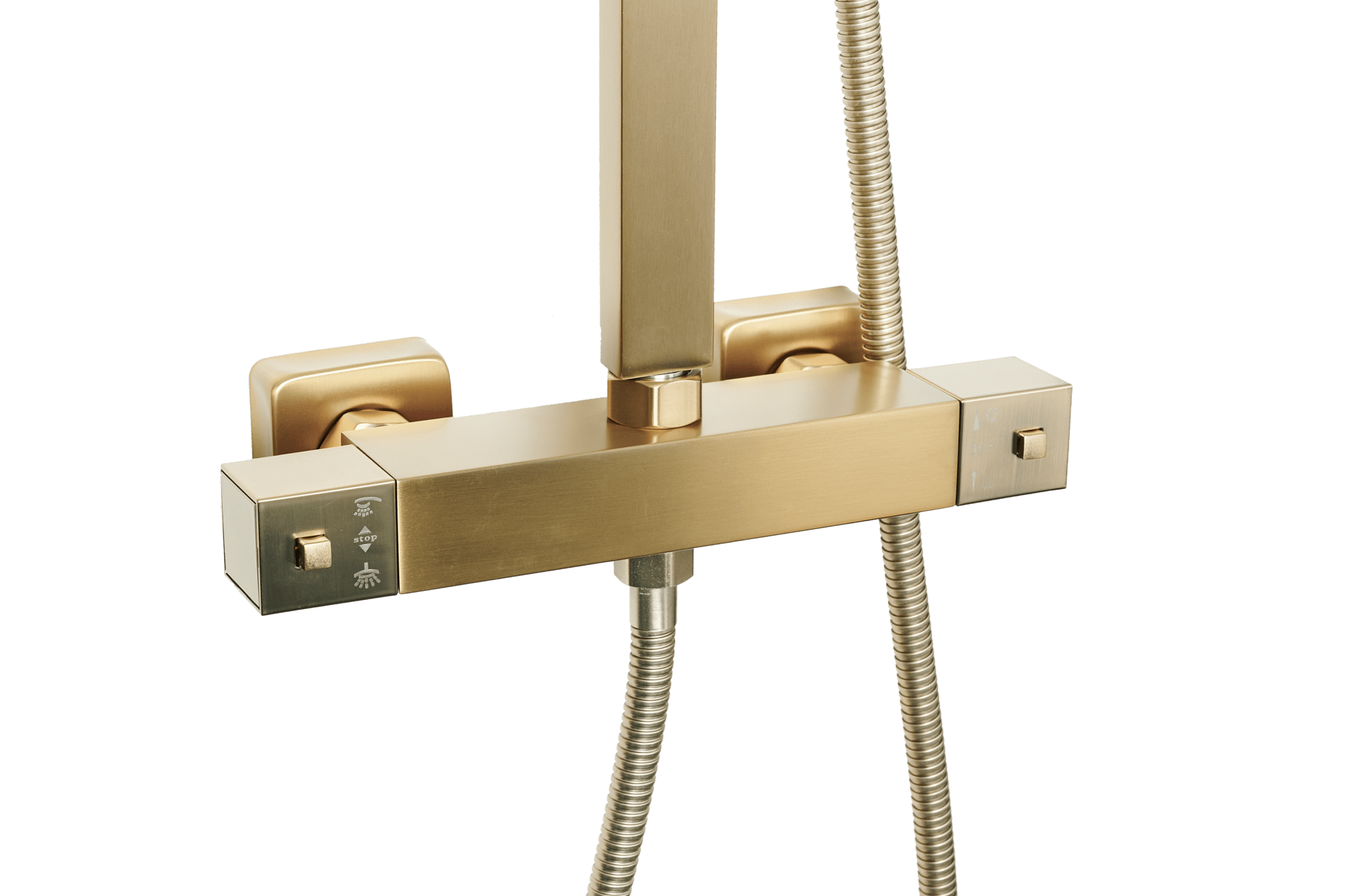 Voltri mat gouden regendouche in vierkant design met flexibele handdouche, thermostatische mengkraan en instelbare hartafstand voor ultiem comfort