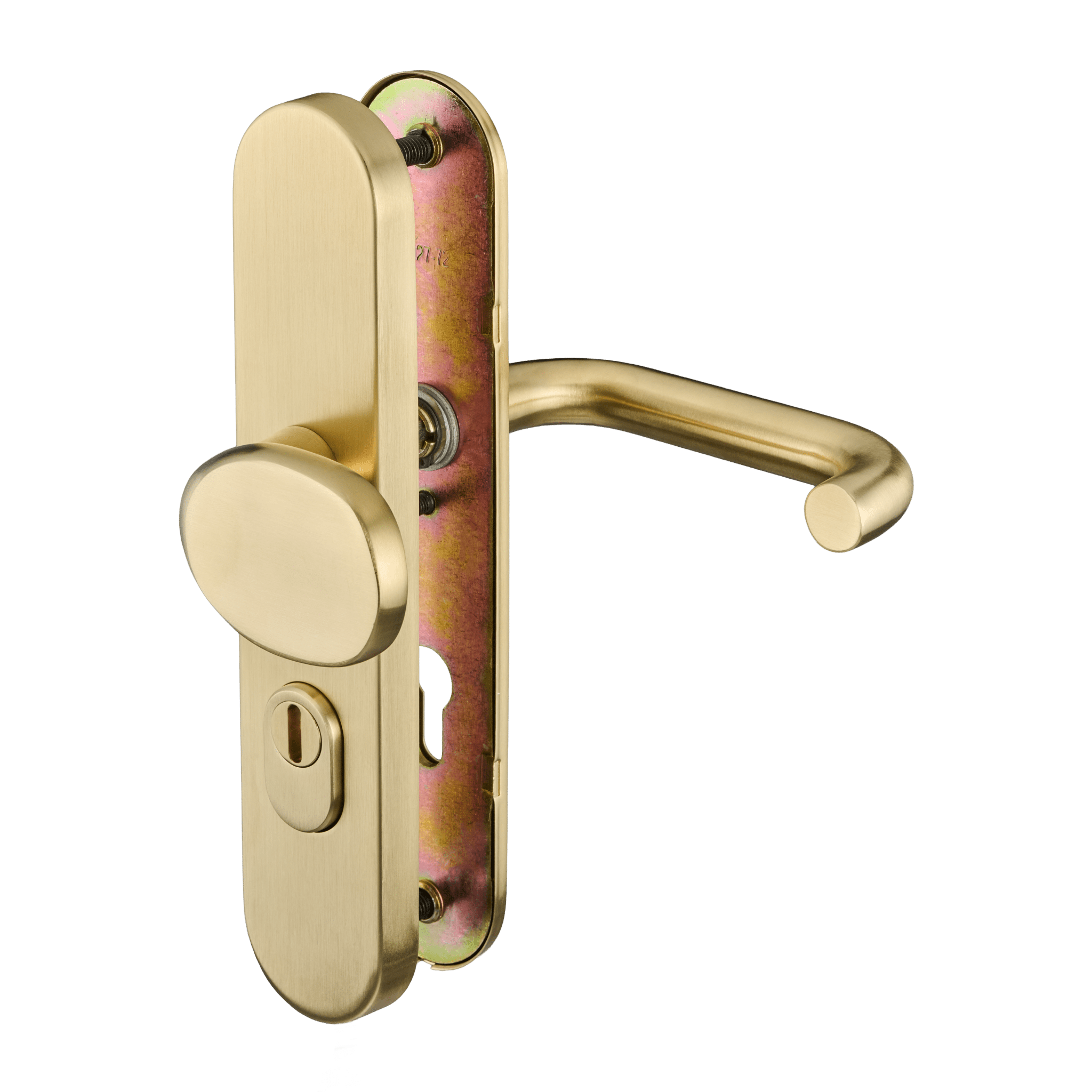 Veilig voordeurbeslag in mat goud met kerntrekbeveiliging van Ostiumhome.
