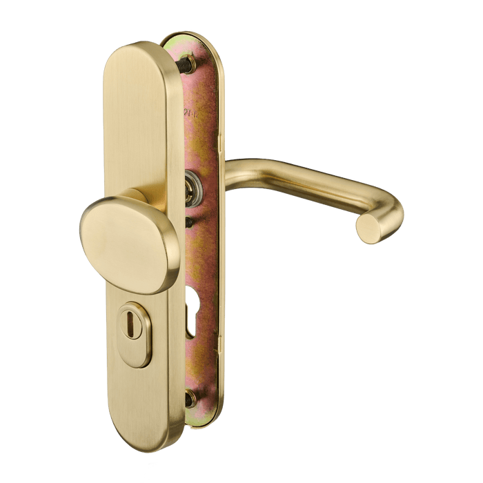 Veilig voordeurbeslag in mat goud met kerntrekbeveiliging van Ostiumhome.