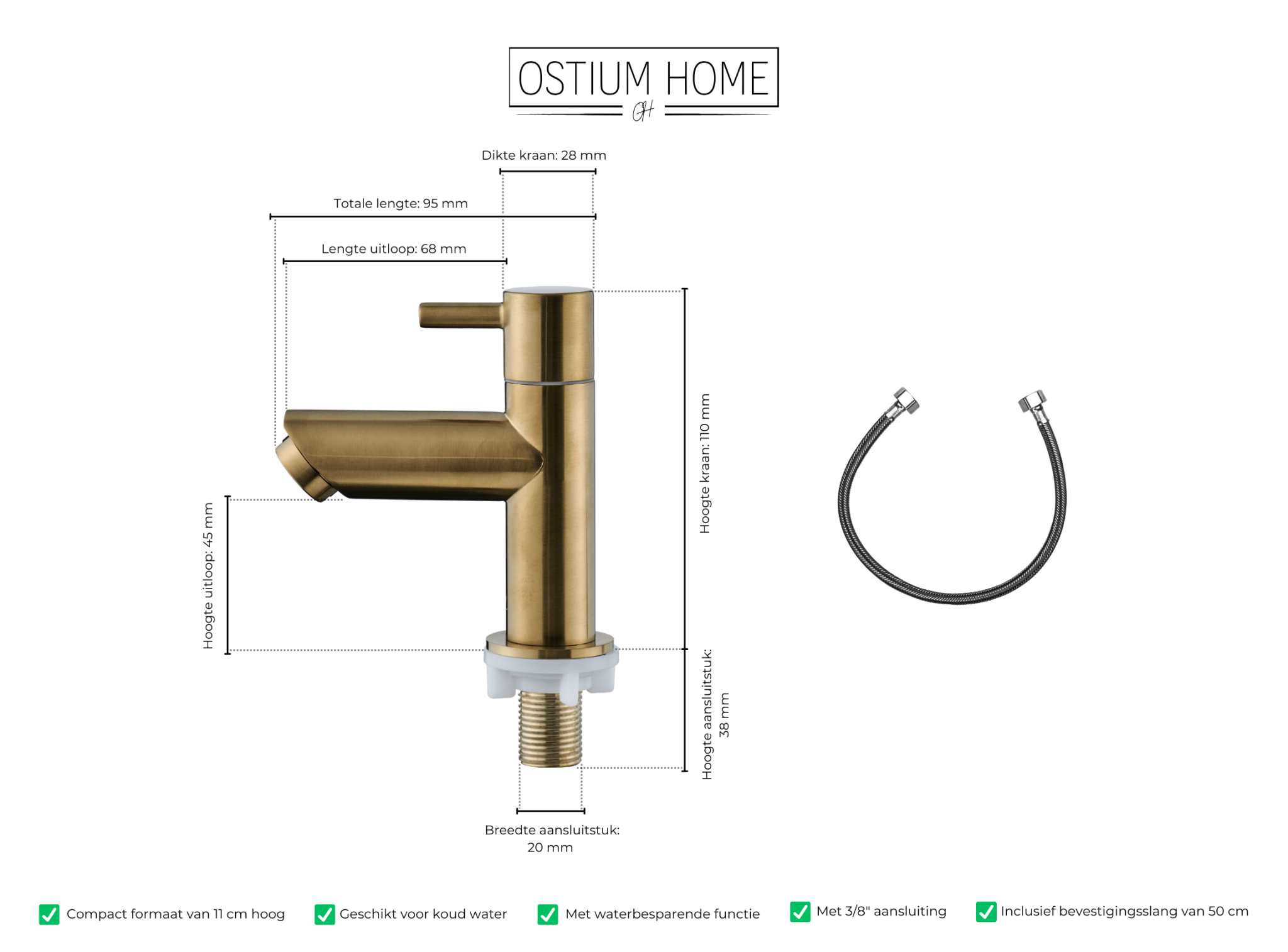 Afmetingen van waterbesparende gouden fonteinkraan van Ostiumhome