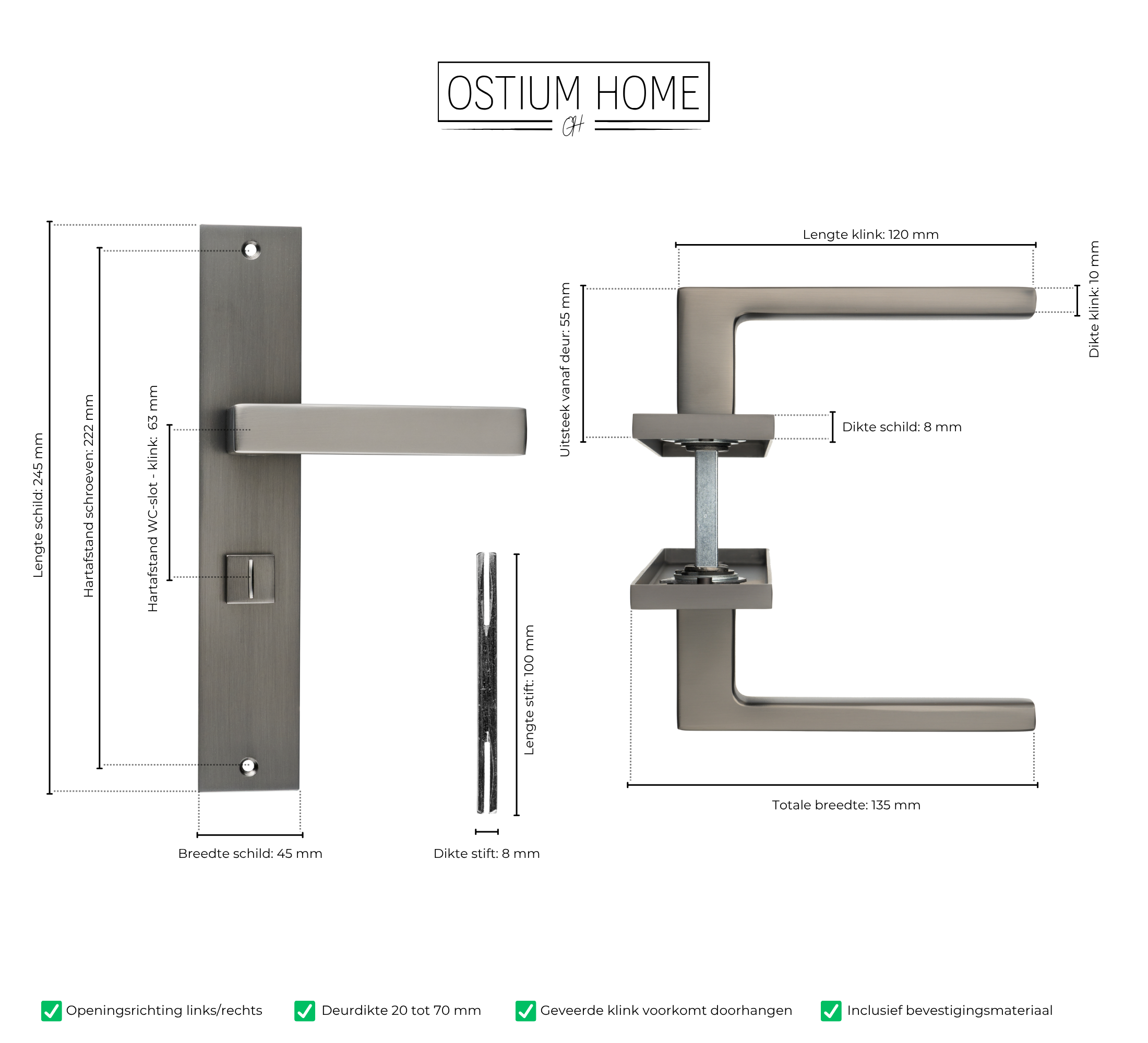 Tekening van wc/badkamerslot in gun metal op lang schild van Ostiumhome.