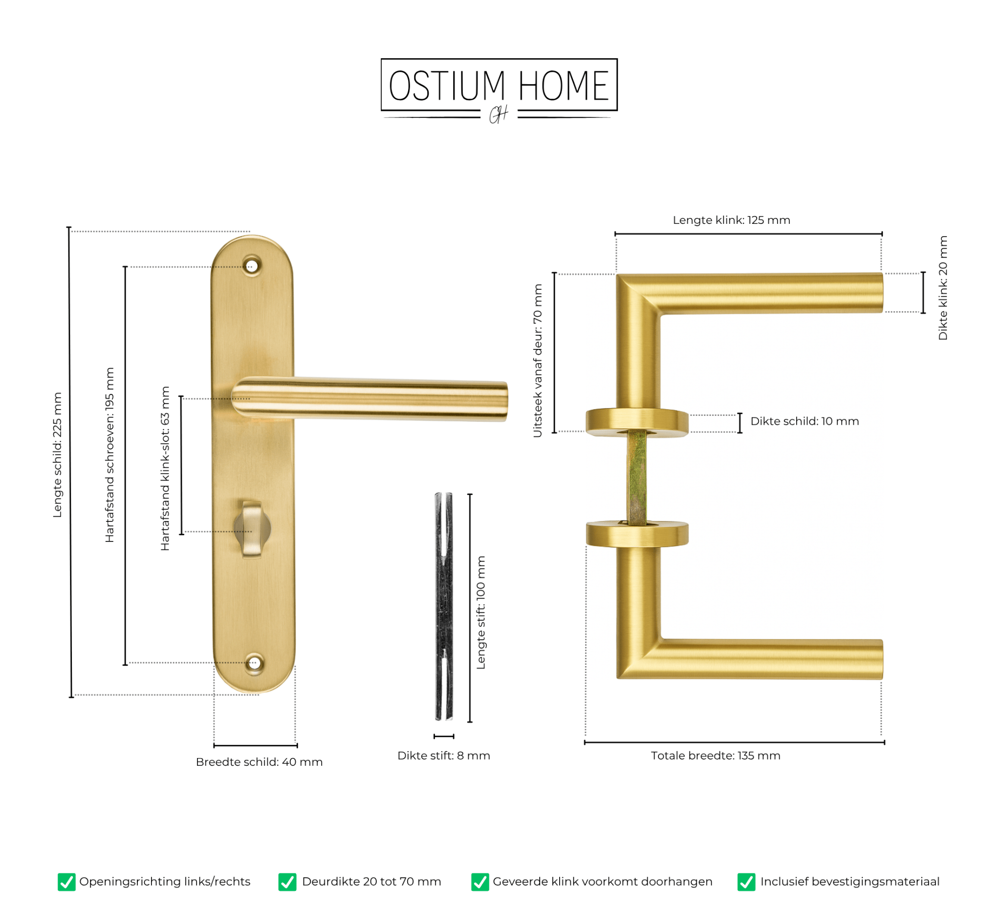 Technische tekening van gouden wc deurklink met slot van Ostiumhome