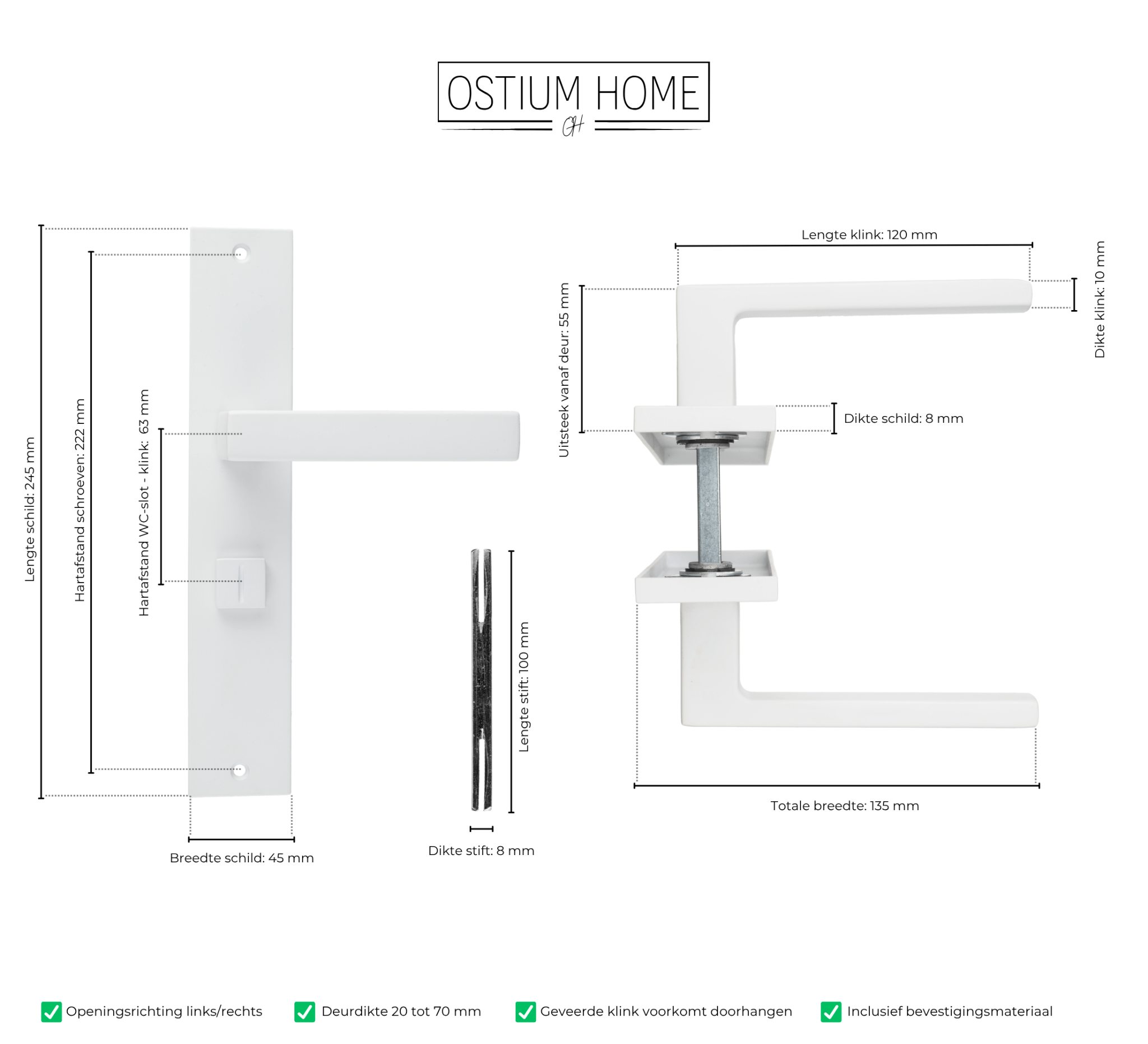 Technische afmetingen van deurklink met wc-slot in witte kleur van Ostiumhome.