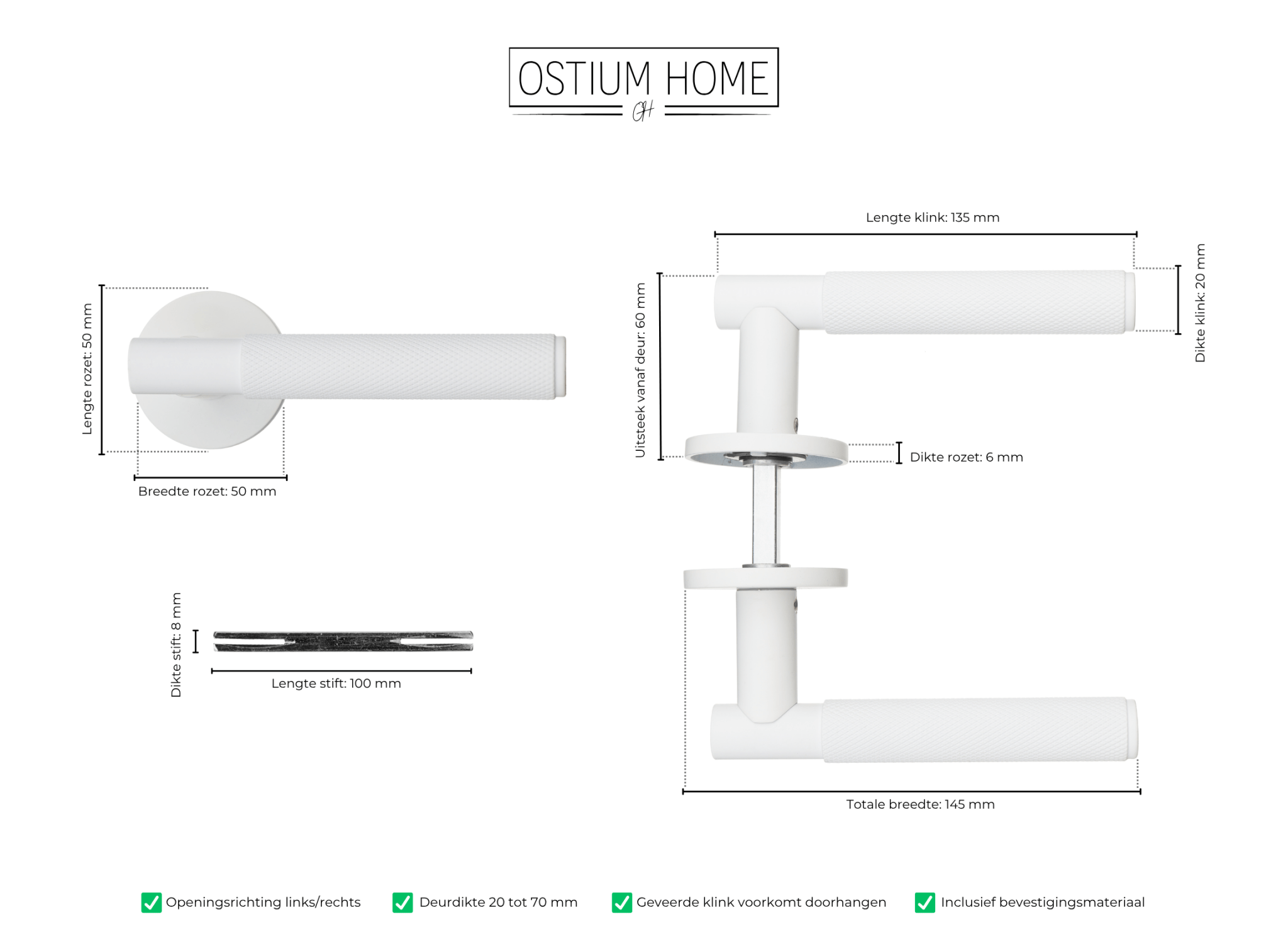 Afmetingfoto van de witte diamond cut deurklink van Ostiumhome