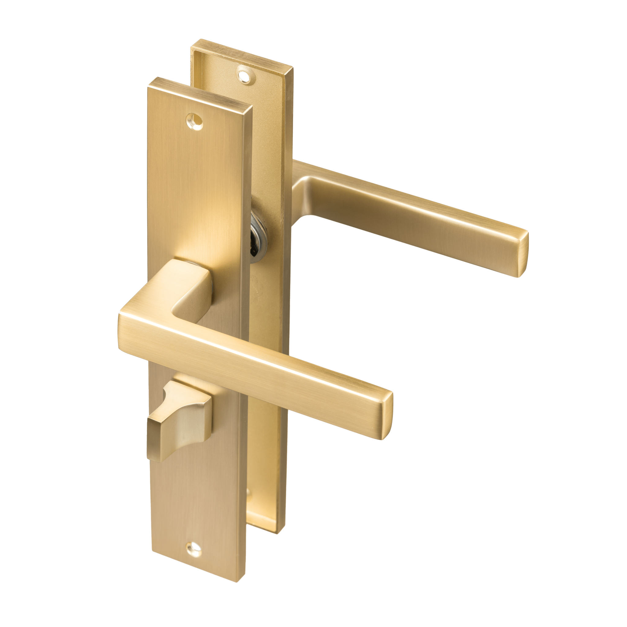 Mat gouden Alassio deurklink op lang schild met geïntegreerd WC-slot en hartafstand 63 mm 
