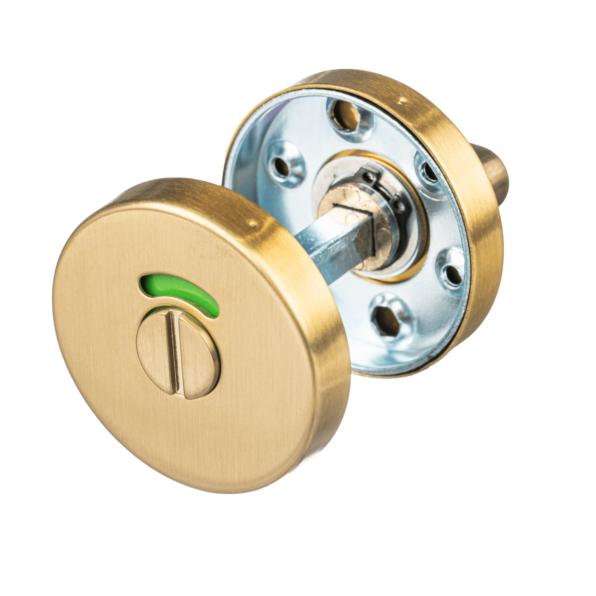 Mat gouden Avosso WC slot rond 50 mm met vrij-bezet indicator voor badkamerdeur

