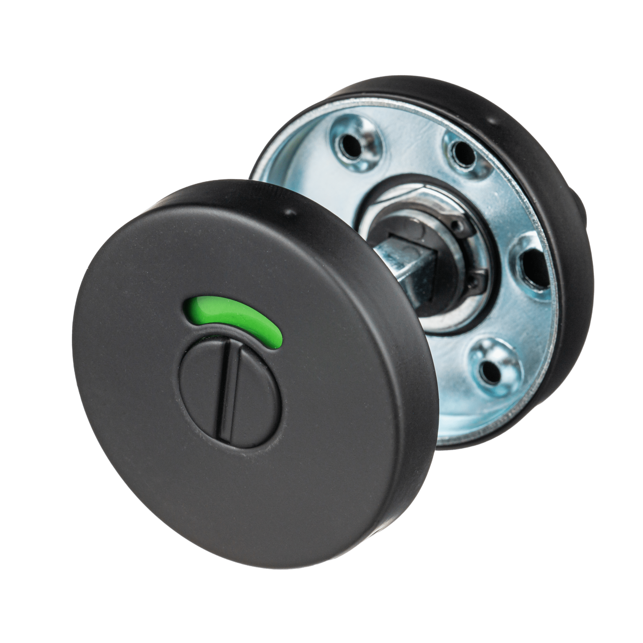 Mat zwart rond Bobbio WC slot 50 mm met vrij-bezet indicator en RVS rozet 
