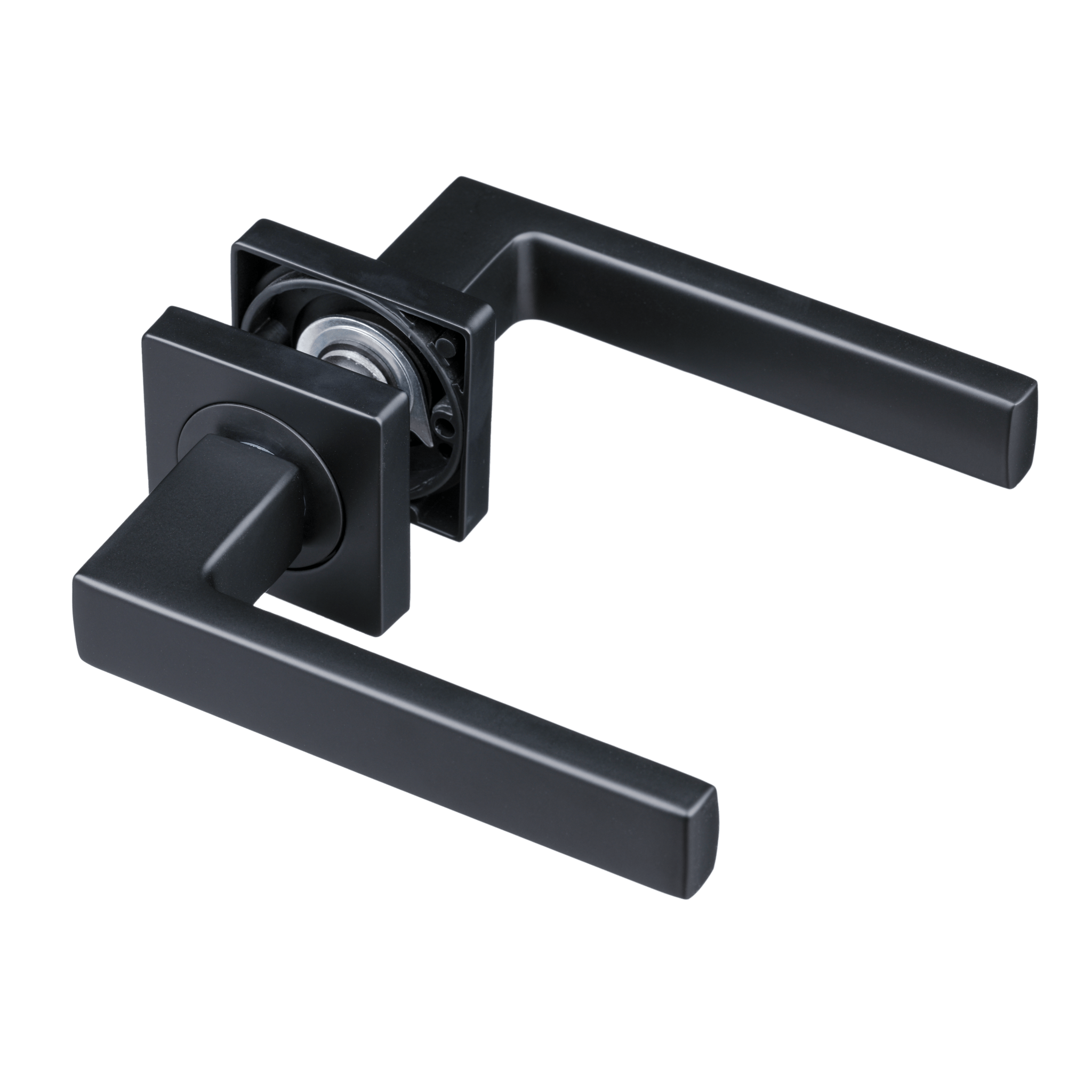 Geveerde mat zwarte Imperia deurklink op vierkant rozet 130 mm grip