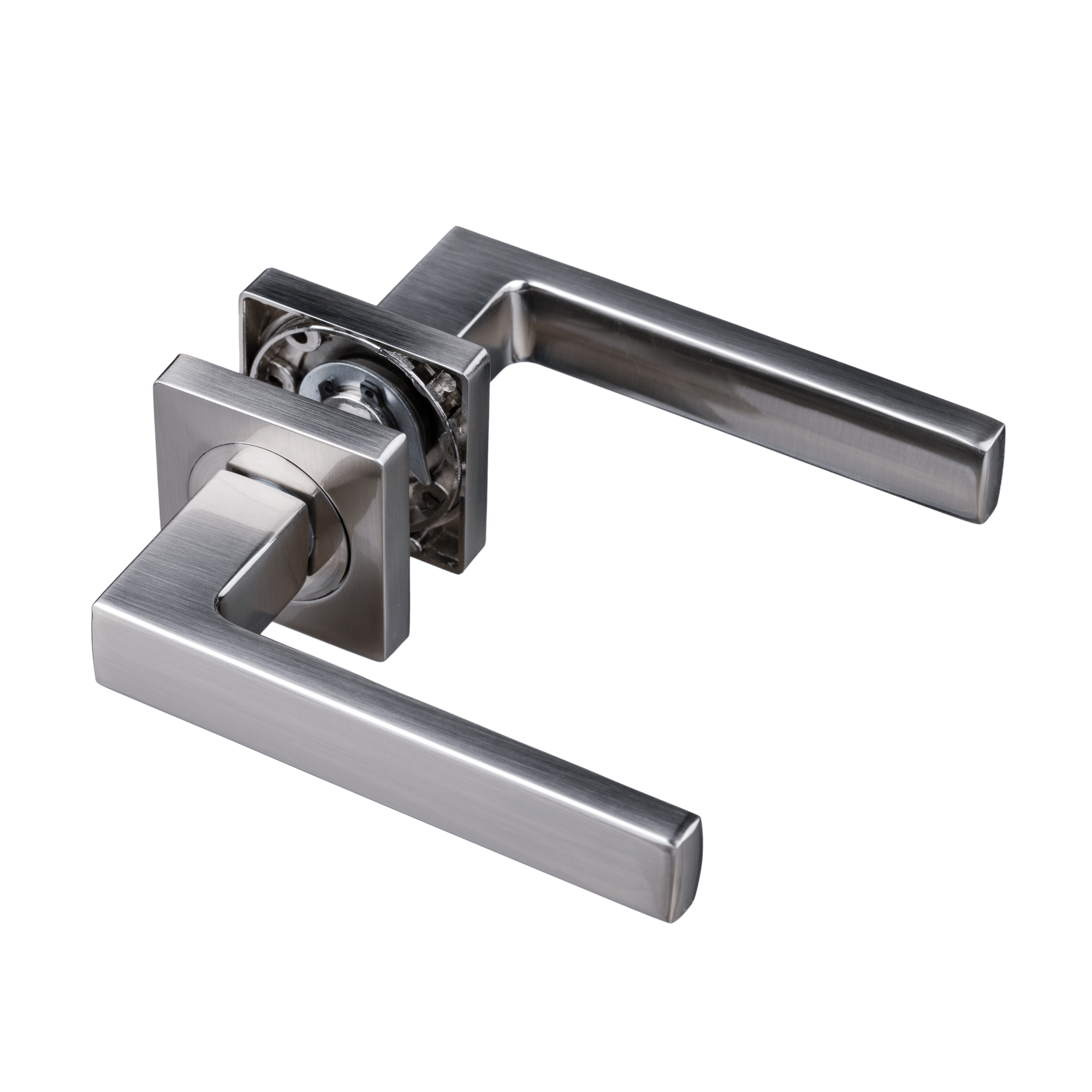 Geborsteld zilveren Monta deurklink met geveerd vierkant rozet en 130 mm ergonomische greep

