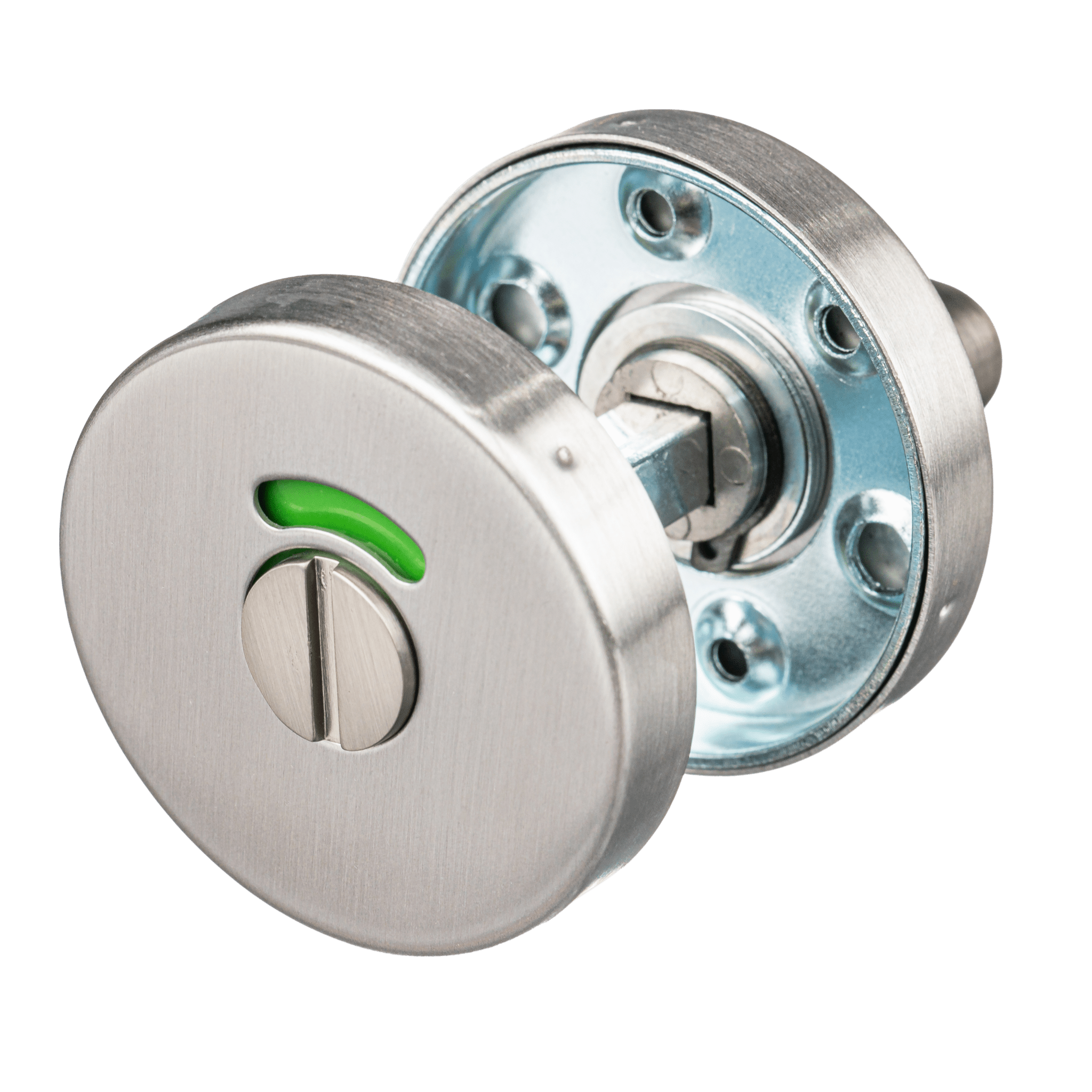 RVS zilveren Ovada WC-slot rond 50 mm met vrij-bezetschuif voor badkamerdeuren

